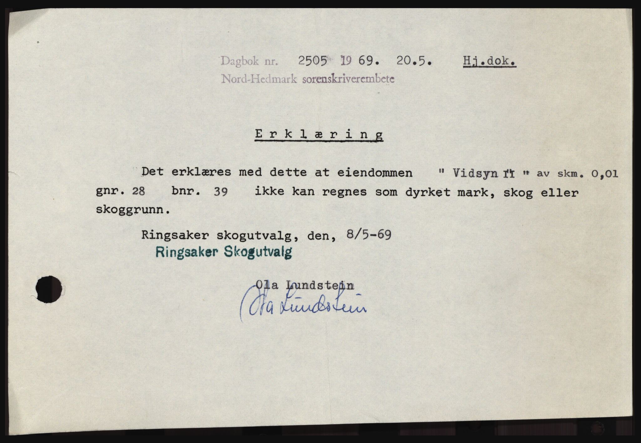 Nord-Hedmark sorenskriveri, SAH/TING-012/H/Hc/L0030: Pantebok nr. 30, 1969-1969, Dagboknr: 2505/1969