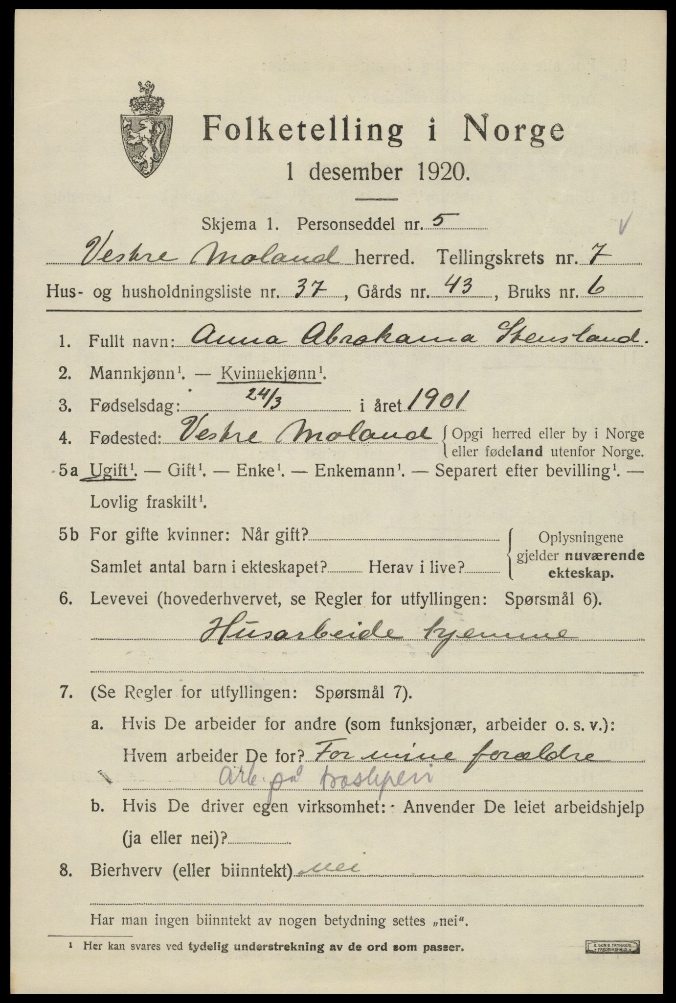 SAK, Folketelling 1920 for 0926 Vestre Moland herred, 1920, s. 5177