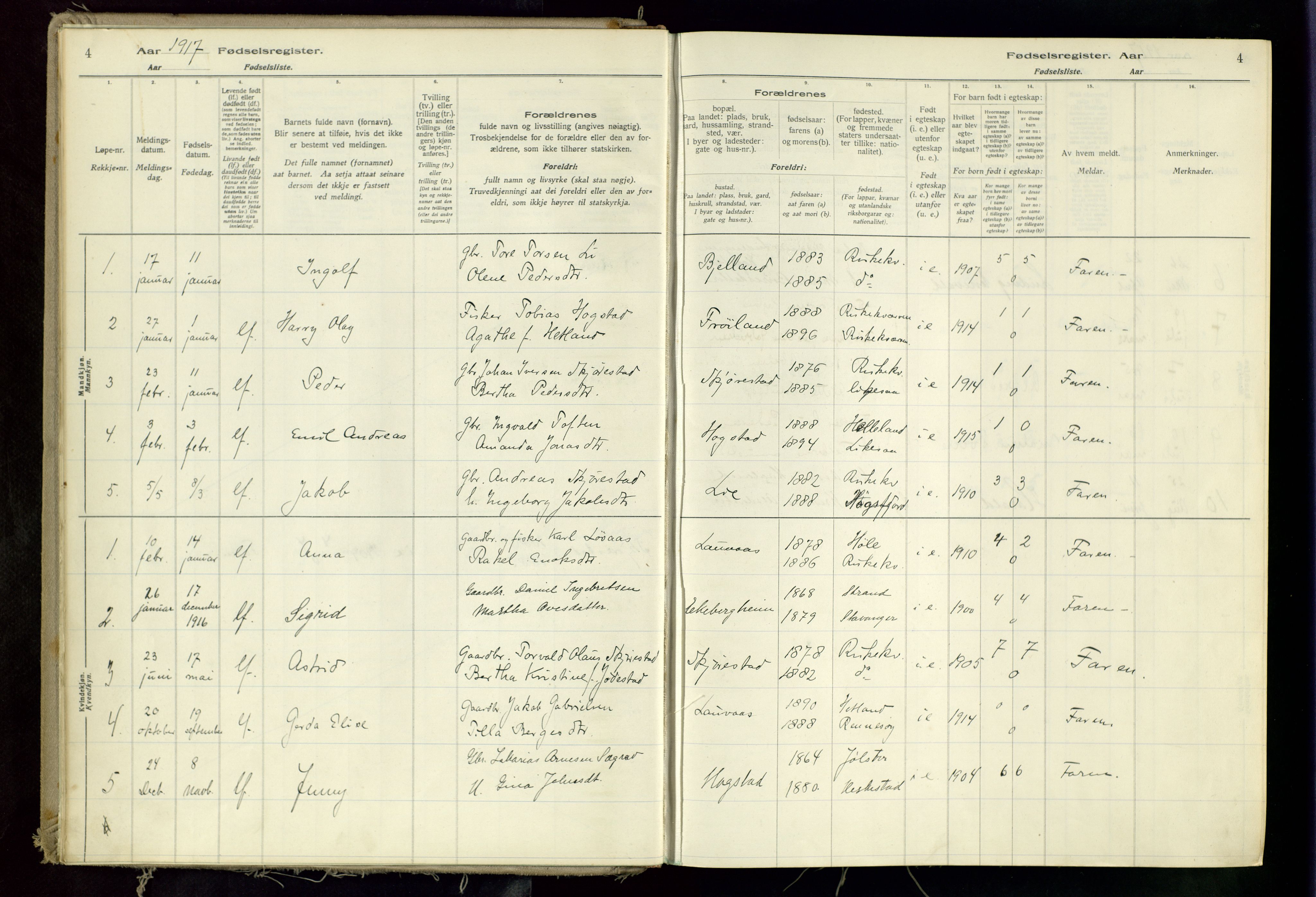 Hetland sokneprestkontor, AV/SAST-A-101826/70/704BA/L0002: Fødselsregister nr. 2, 1916-1968, s. 4