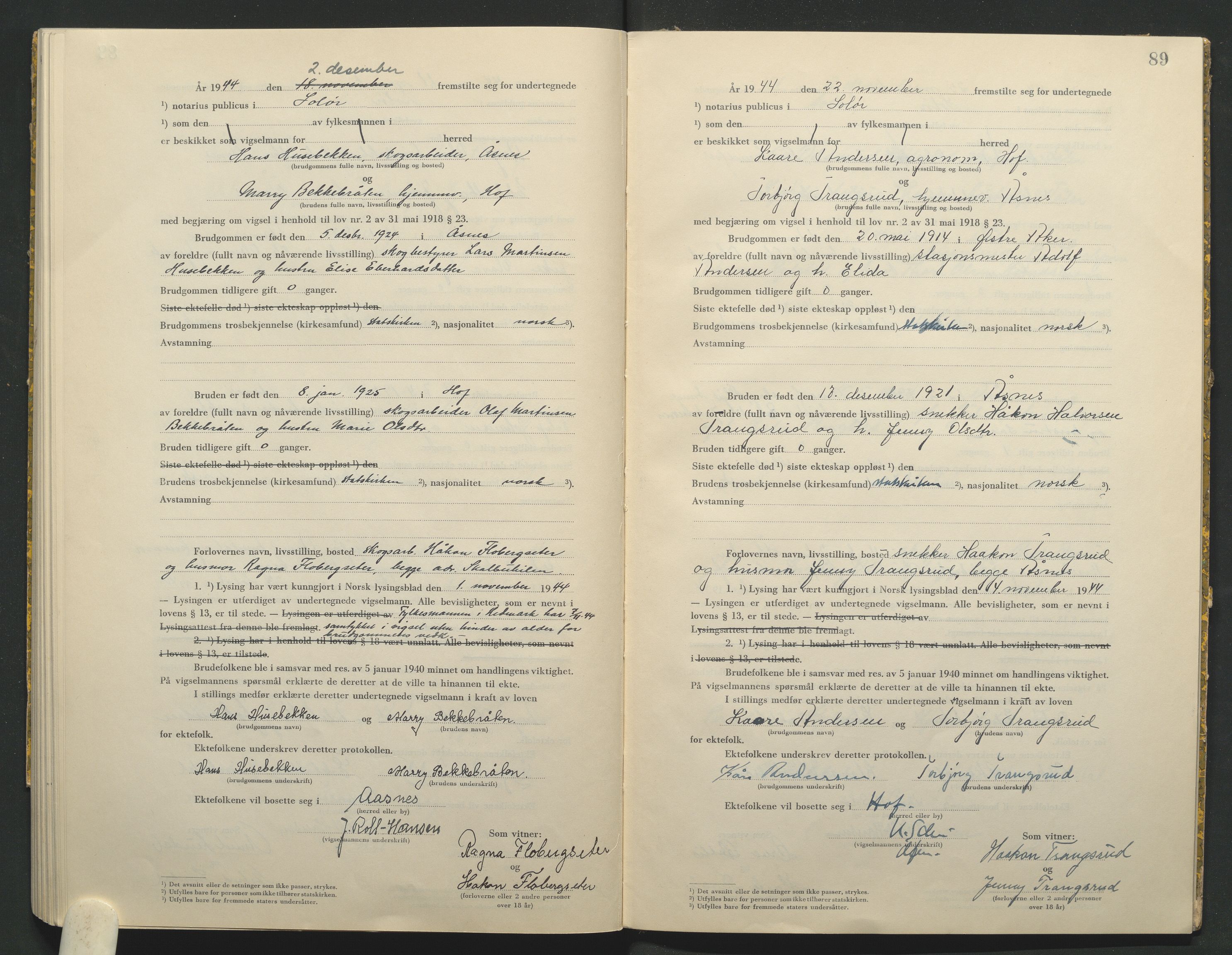 Solør tingrett, AV/SAH-TING-008/L/Lb/L0002: Vigselprotokoll, 1943-1944, s. 89