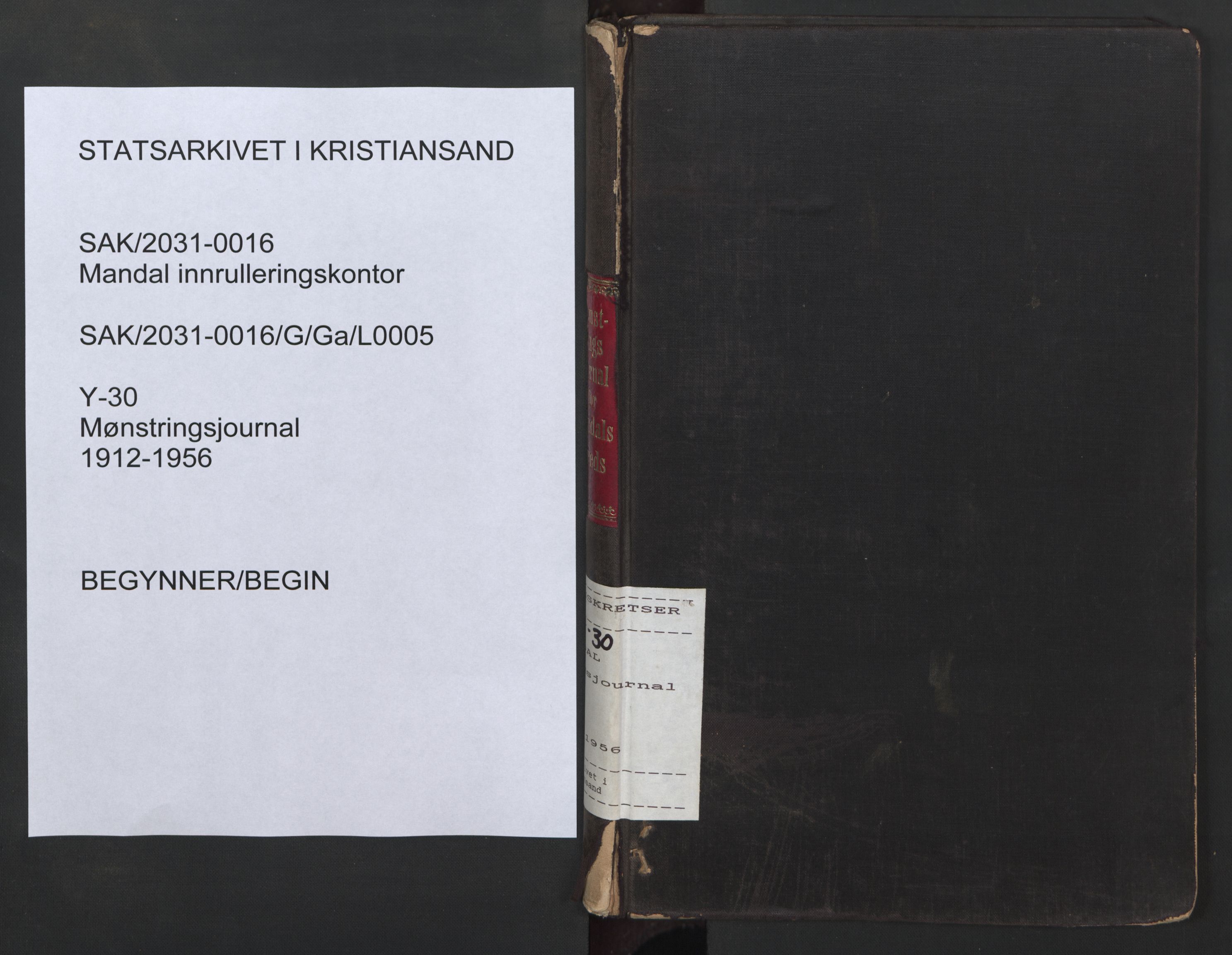 Mandal mønstringskrets, SAK/2031-0016/G/Ga/L0005: Mønstringsjournal, Y-30, 1912-1956, s. 1