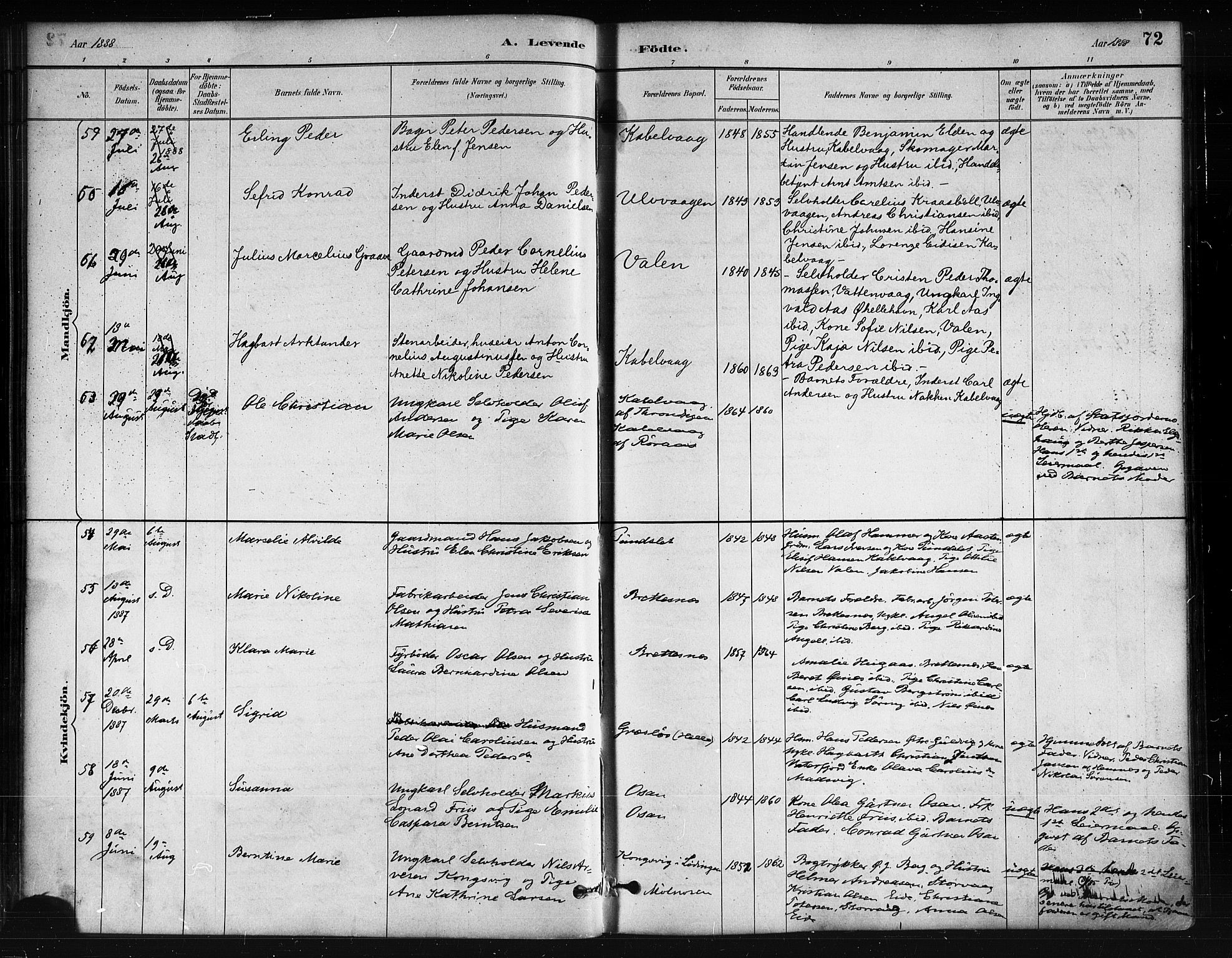 Ministerialprotokoller, klokkerbøker og fødselsregistre - Nordland, SAT/A-1459/874/L1059: Ministerialbok nr. 874A03, 1884-1890, s. 72