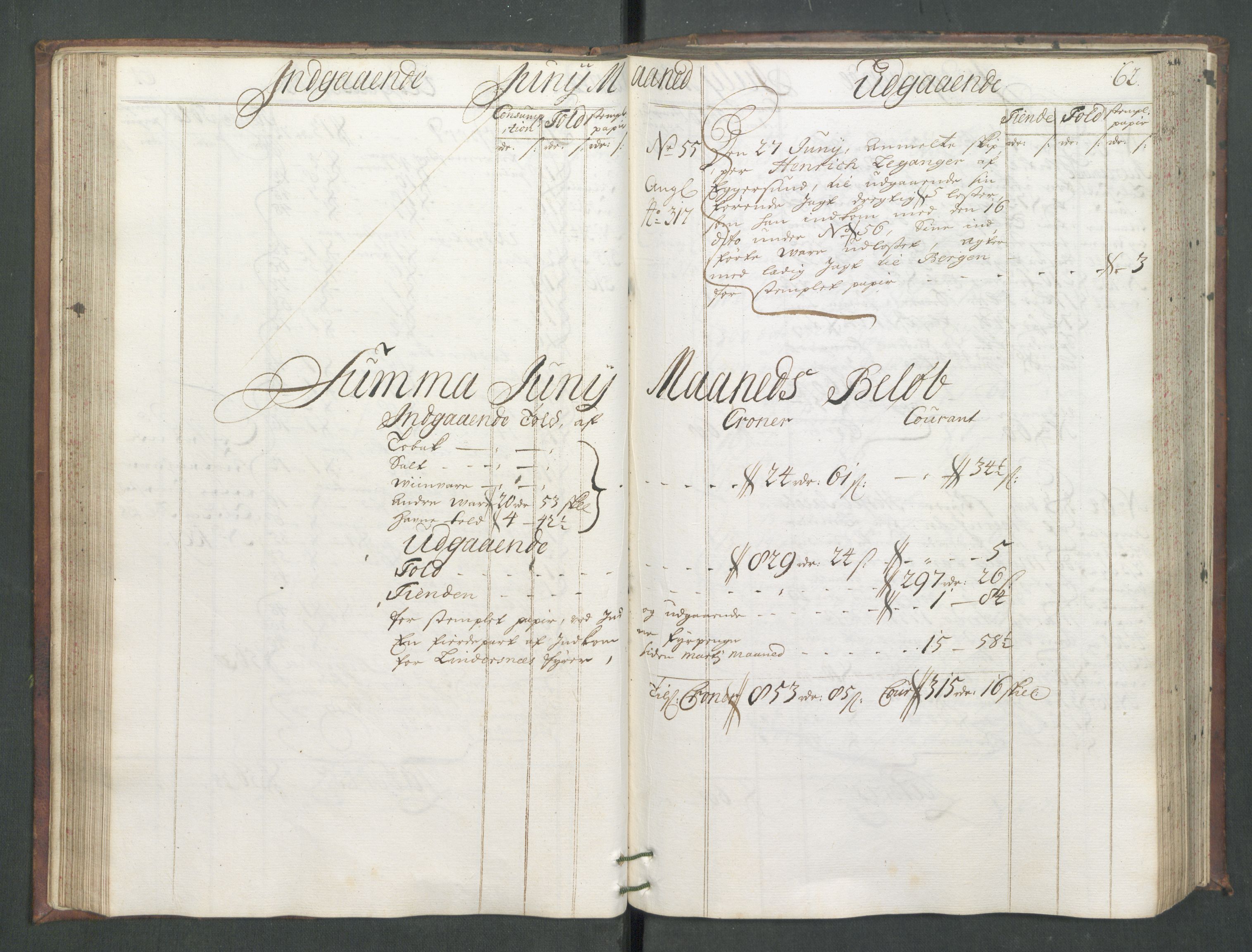 Generaltollkammeret, tollregnskaper, AV/RA-EA-5490/R02/L0008/0001: Tollregnskaper Fredrikstad / Hovedtollbok, 1733, s. 61b-62a