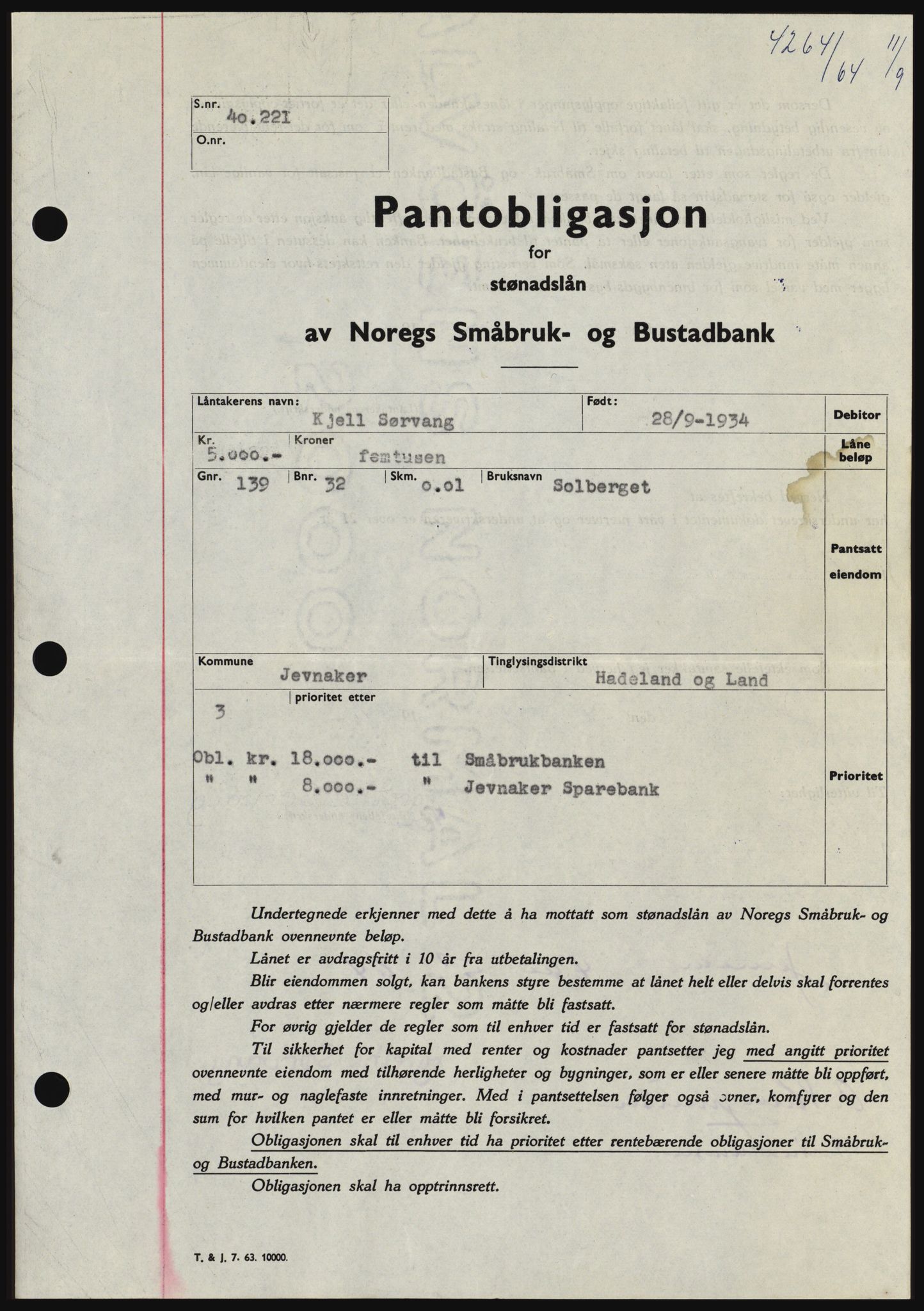 Hadeland og Land tingrett, SAH/TING-010/H/Hb/Hbc/L0056: Pantebok nr. B56, 1964-1964, Dagboknr: 4264/1964