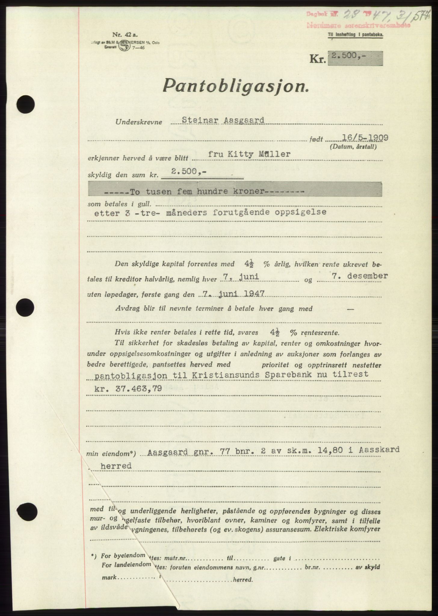 Nordmøre sorenskriveri, AV/SAT-A-4132/1/2/2Ca: Pantebok nr. B95, 1946-1947, Dagboknr: 23/1947