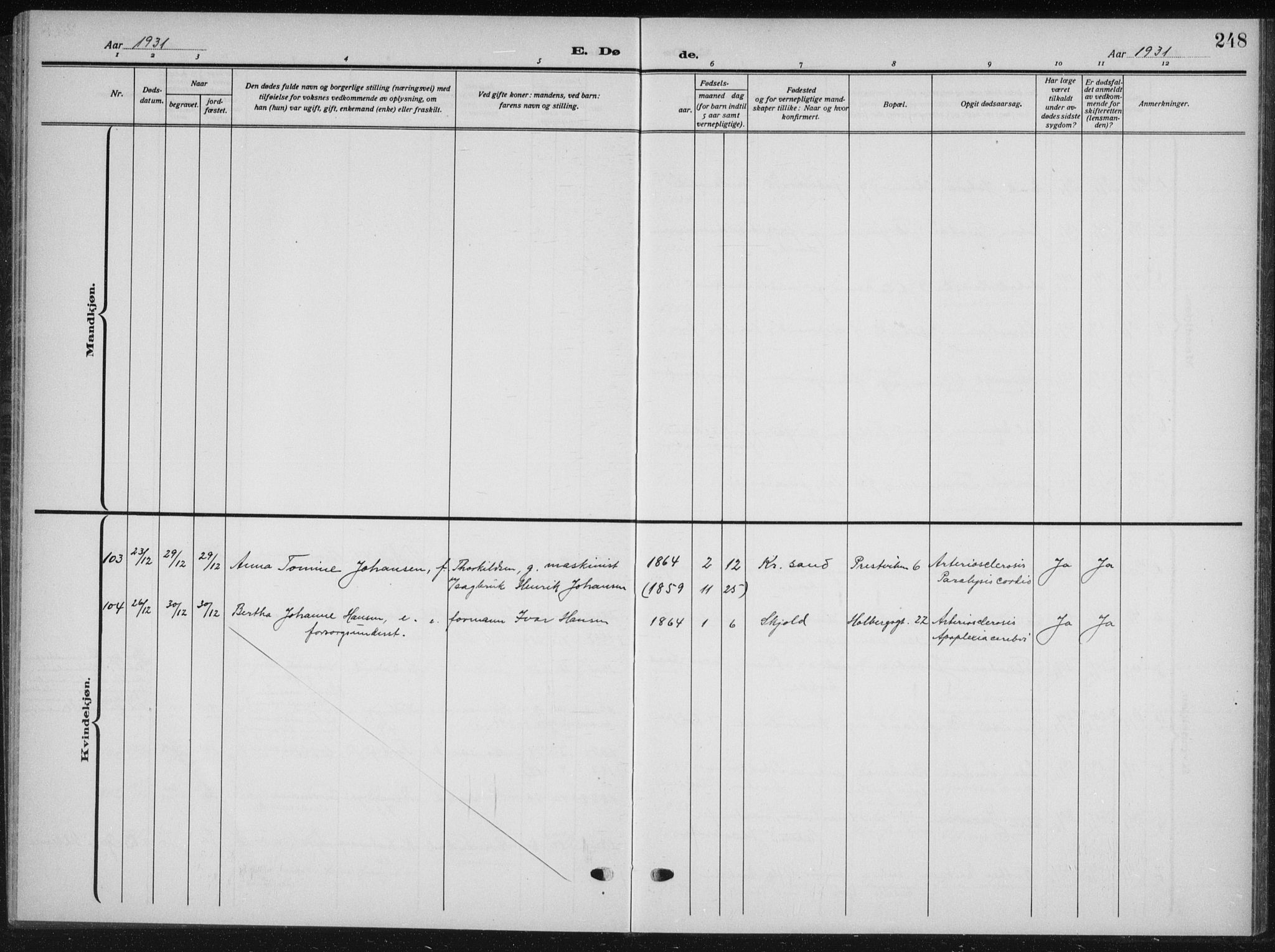 Kristiansand domprosti, AV/SAK-1112-0006/F/Fb/L0025: Klokkerbok nr. B 25, 1924-1934, s. 248