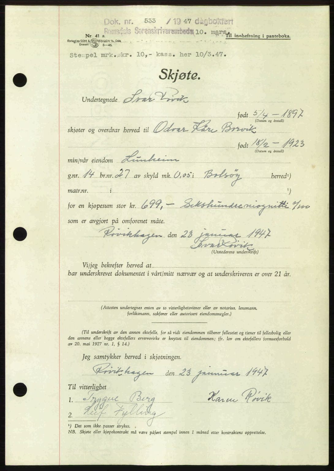 Romsdal sorenskriveri, AV/SAT-A-4149/1/2/2C: Pantebok nr. A22, 1947-1947, Dagboknr: 533/1947