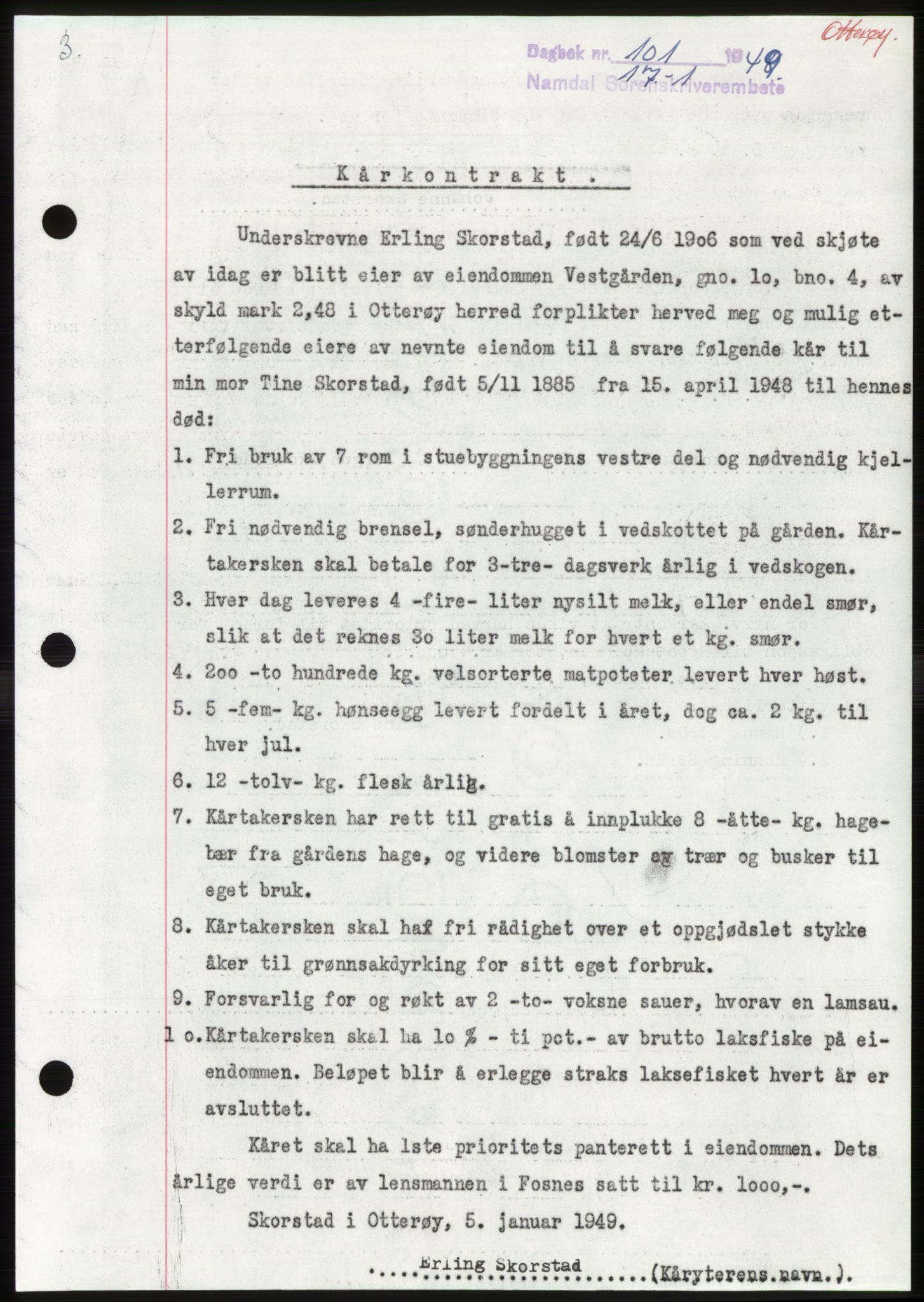 Namdal sorenskriveri, SAT/A-4133/1/2/2C: Pantebok nr. -, 1949-1949, Dagboknr: 101/1949