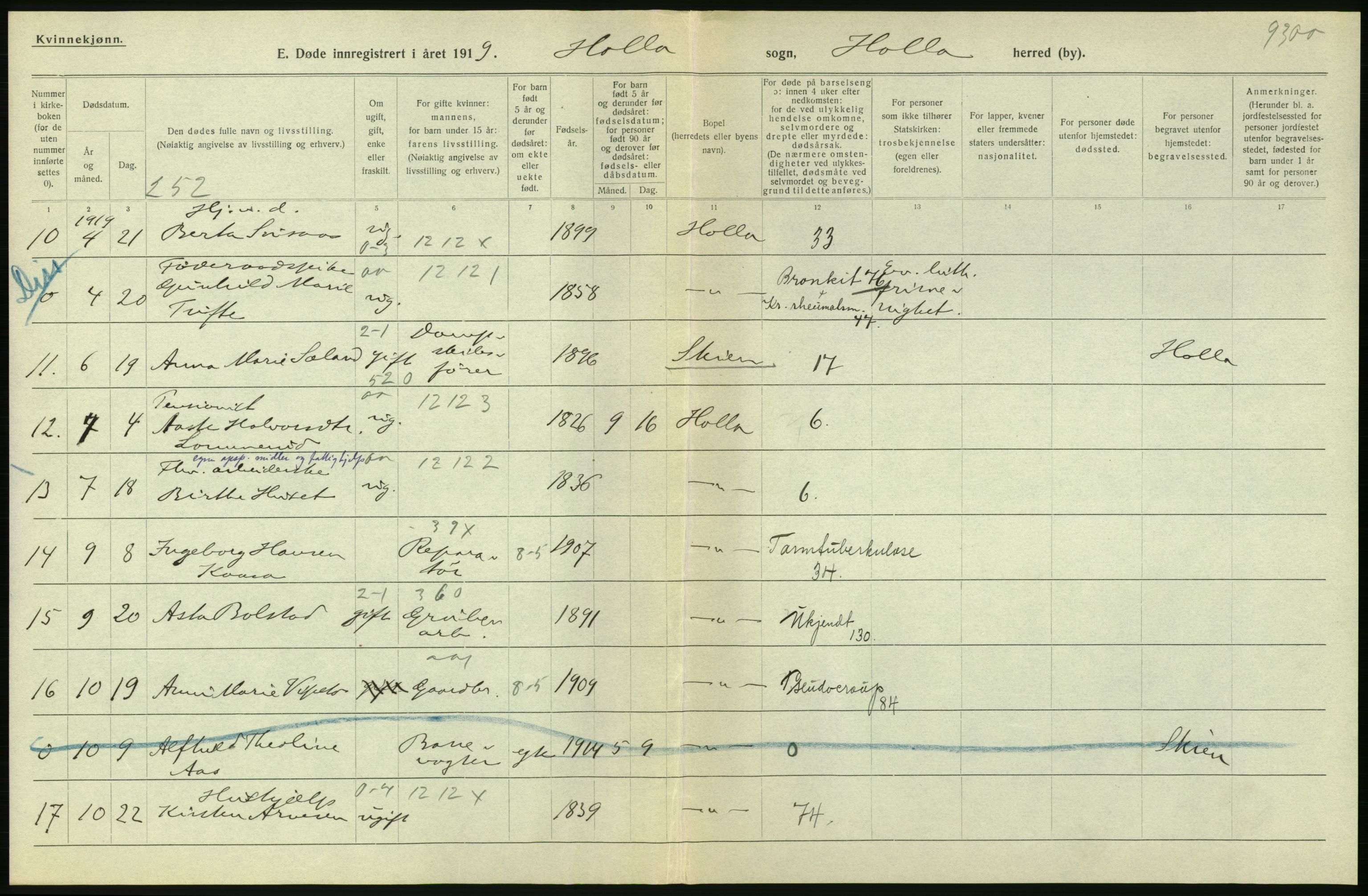 Statistisk sentralbyrå, Sosiodemografiske emner, Befolkning, RA/S-2228/D/Df/Dfb/Dfbi/L0023: Telemark fylke: Døde. Bygder og byer., 1919, s. 250