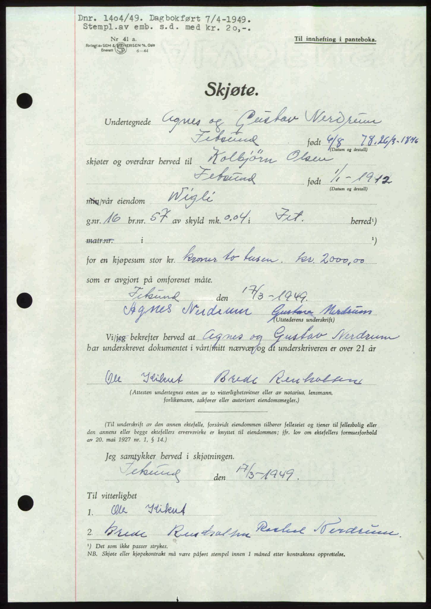 Nedre Romerike sorenskriveri, SAO/A-10469/G/Gb/Gbd/L0025: Pantebok nr. 25, 1949-1949, Dagboknr: 1404/1949