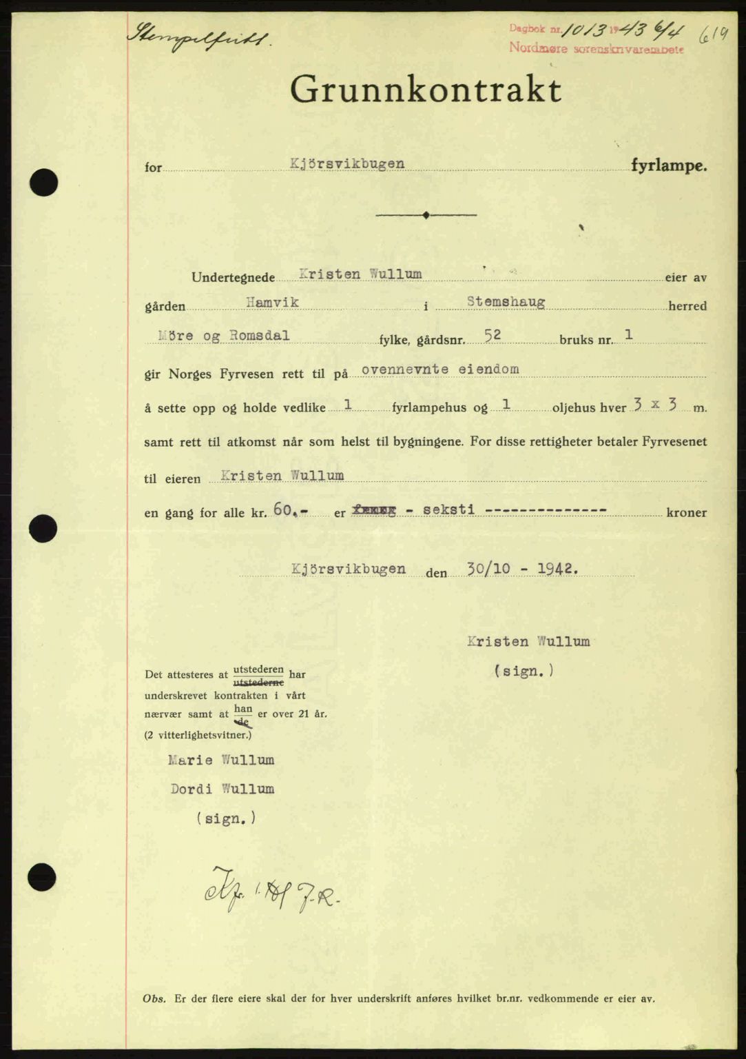 Nordmøre sorenskriveri, SAT/A-4132/1/2/2Ca: Pantebok nr. B90, 1942-1943, Dagboknr: 1013/1943