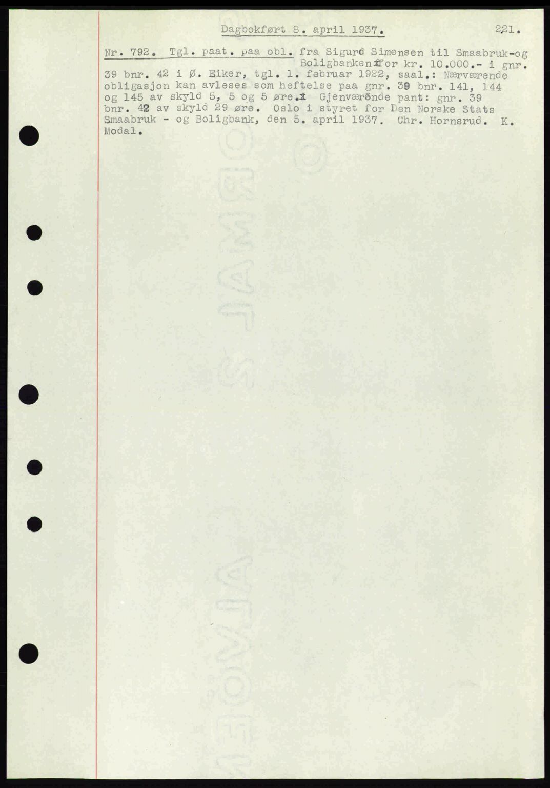 Eiker, Modum og Sigdal sorenskriveri, SAKO/A-123/G/Ga/Gab/L0035: Pantebok nr. A5, 1937-1937, Dagboknr: 792/1937
