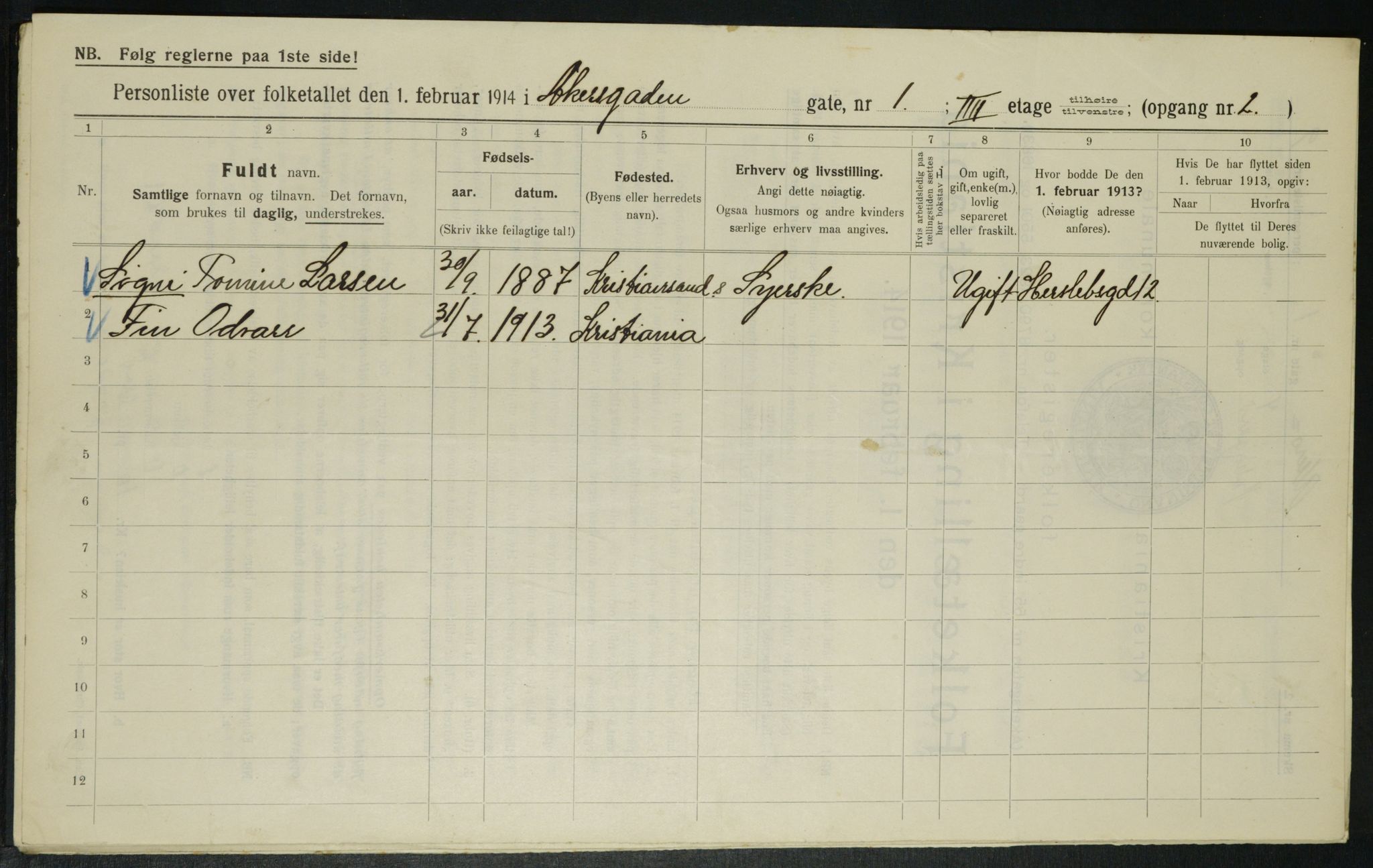 OBA, Kommunal folketelling 1.2.1914 for Kristiania, 1914, s. 325