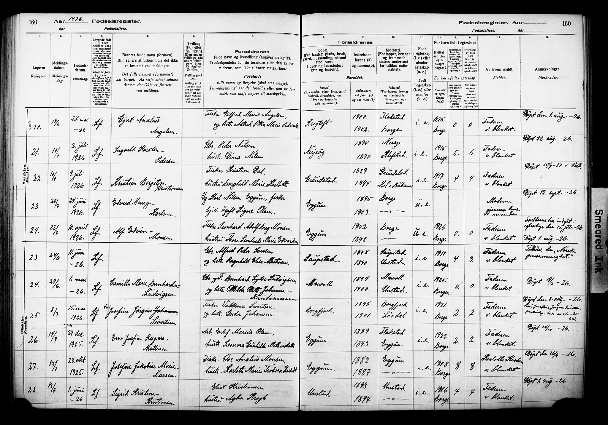 Ministerialprotokoller, klokkerbøker og fødselsregistre - Nordland, AV/SAT-A-1459/880/L1145: Fødselsregister nr. 880.II.4.1, 1916-1929, s. 160