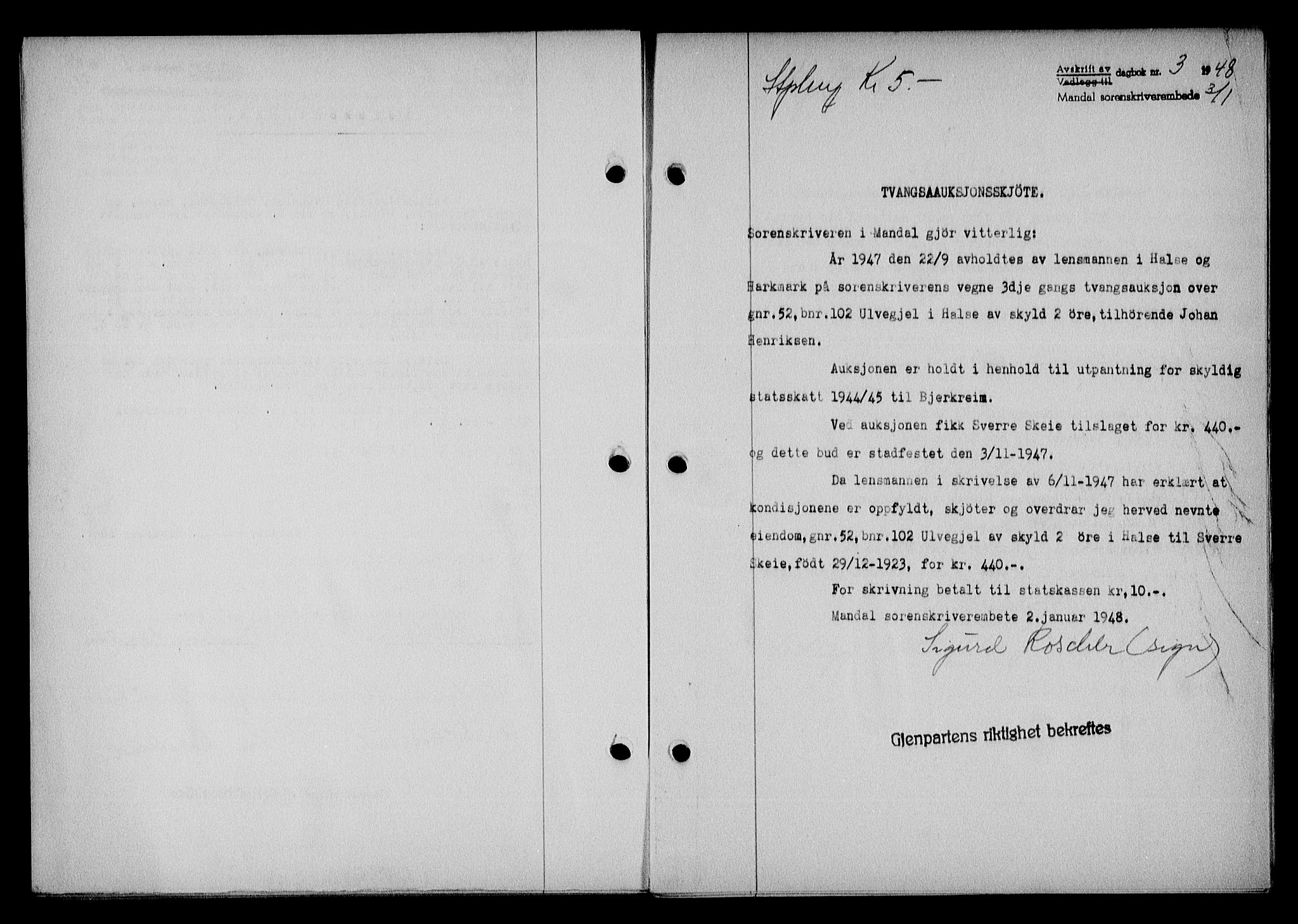 Mandal sorenskriveri, SAK/1221-0005/001/G/Gb/Gba/L0079: Pantebok nr. A-16, 1947-1948, Dagboknr: 3/1948