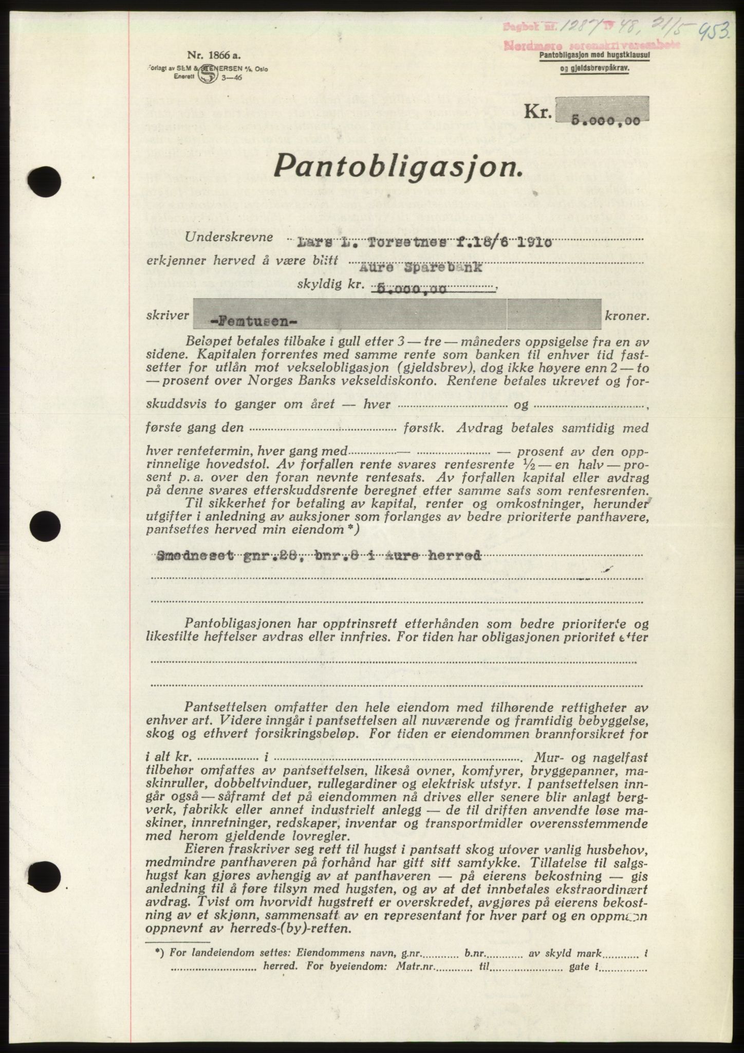 Nordmøre sorenskriveri, SAT/A-4132/1/2/2Ca: Pantebok nr. B98, 1948-1948, Dagboknr: 1287/1948