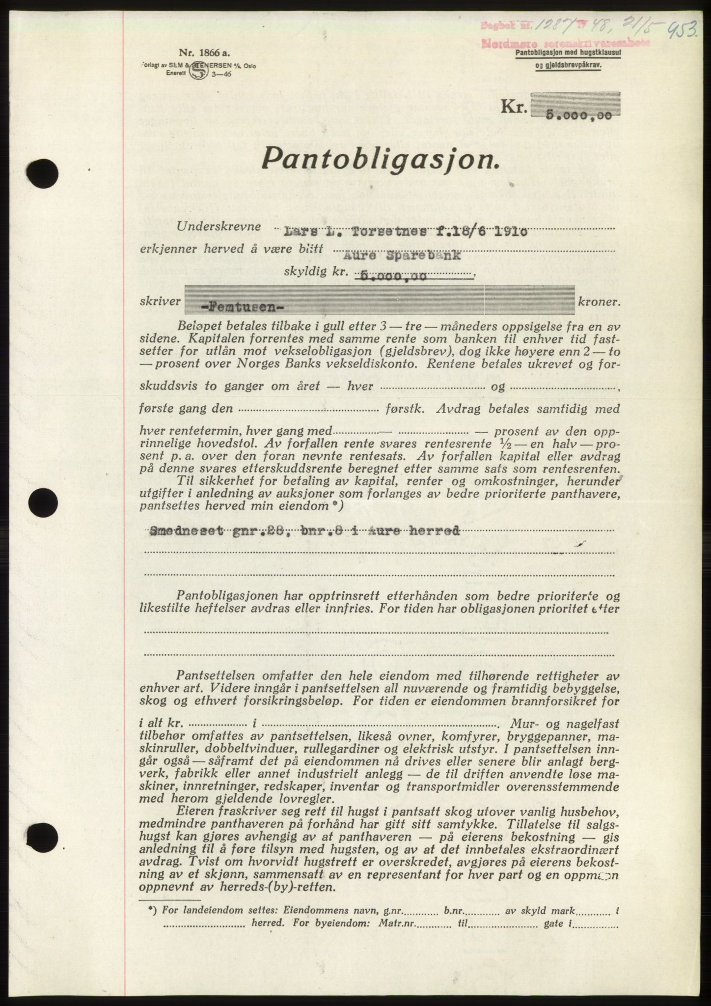 Nordmøre sorenskriveri, AV/SAT-A-4132/1/2/2Ca: Pantebok nr. B98, 1948-1948, Dagboknr: 1287/1948