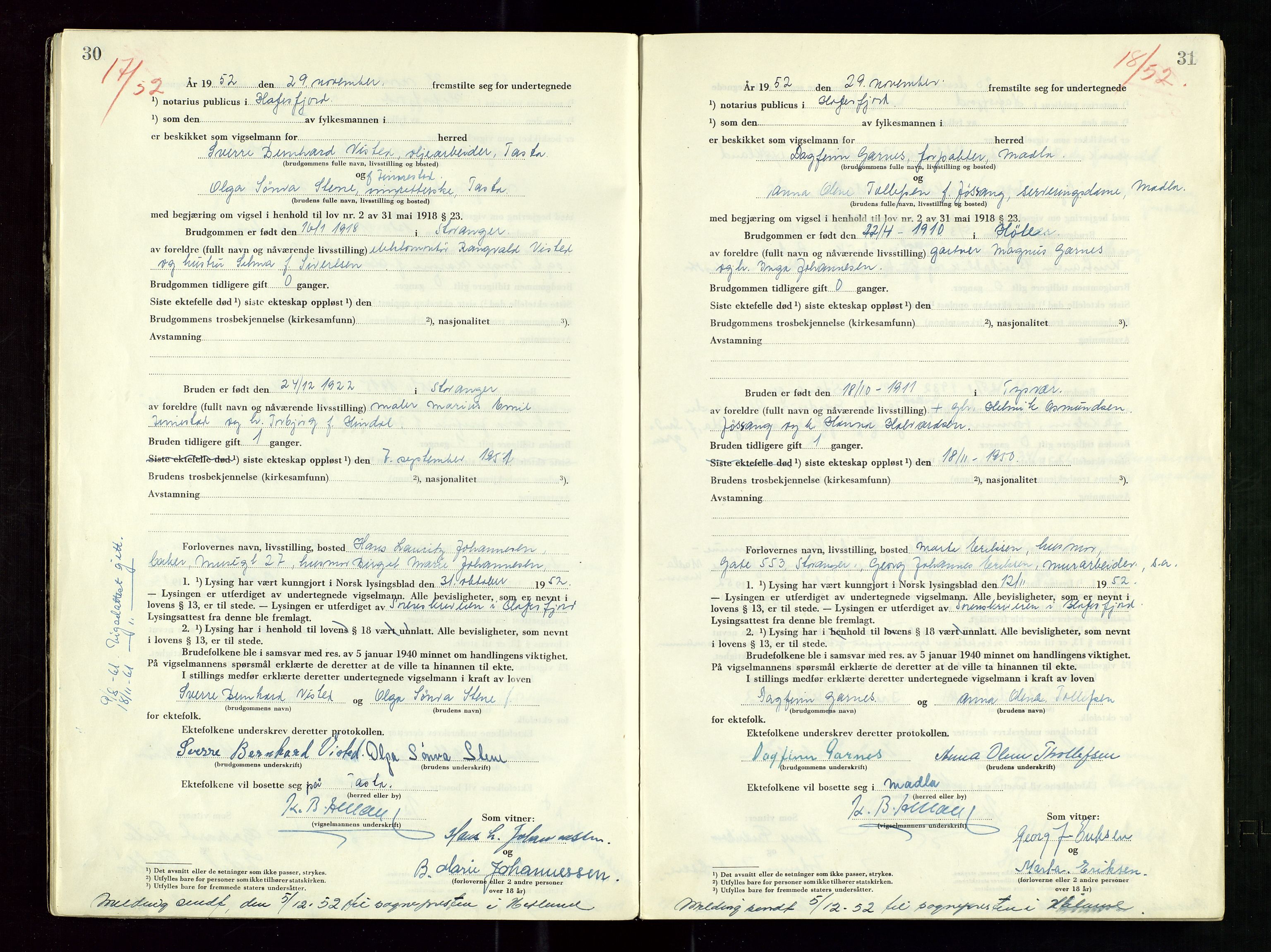 Hafrsfjord sorenskriveri, SAST/A-100313/I/Ic/L0001: "Vigsels-bok", 1951-1959, s. 30-31