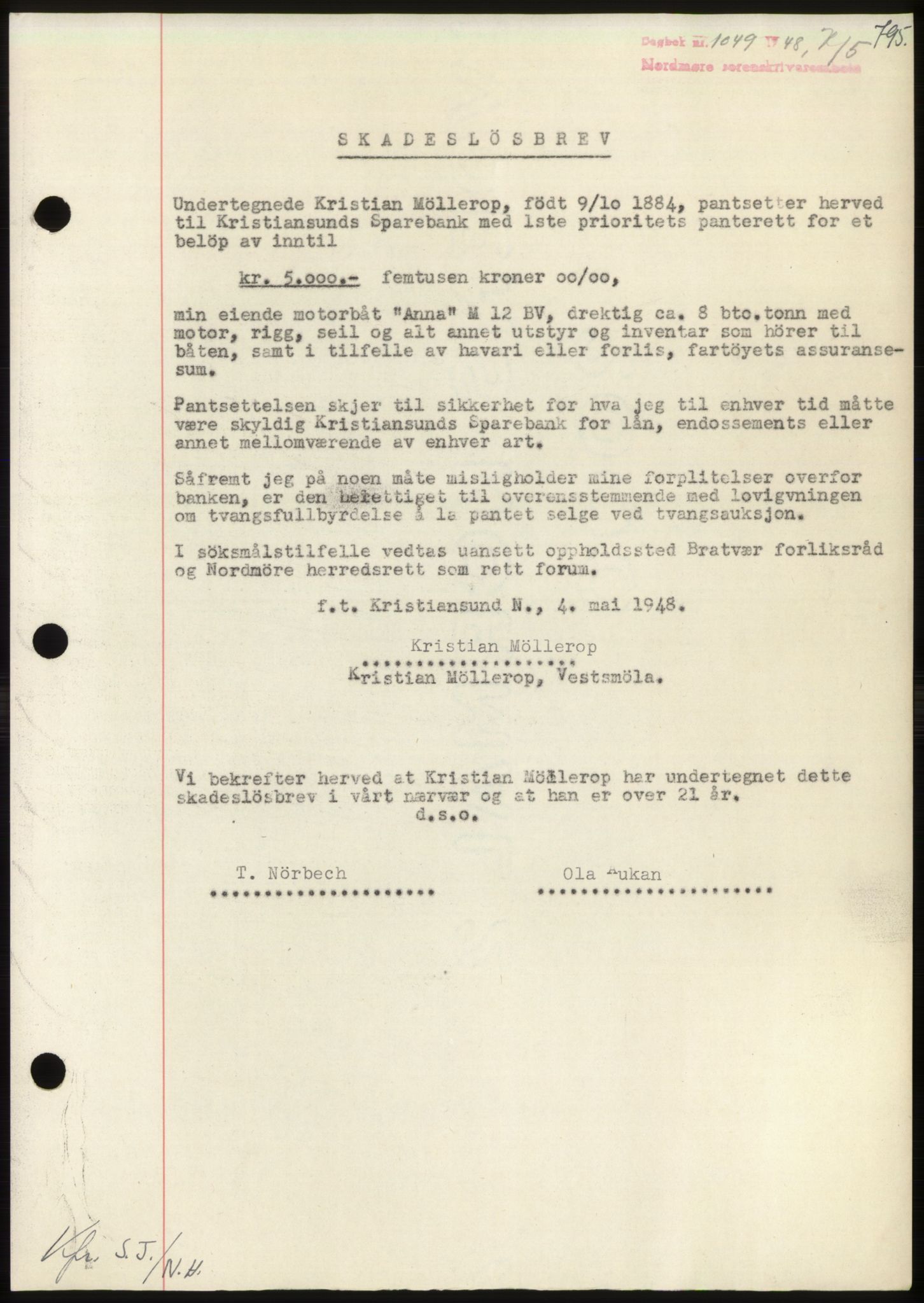 Nordmøre sorenskriveri, SAT/A-4132/1/2/2Ca: Pantebok nr. B98, 1948-1948, Dagboknr: 1049/1948