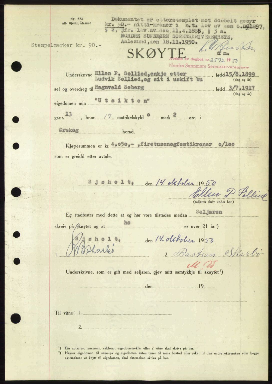 Nordre Sunnmøre sorenskriveri, AV/SAT-A-0006/1/2/2C/2Ca: Pantebok nr. A36, 1950-1950, Dagboknr: 2572/1950