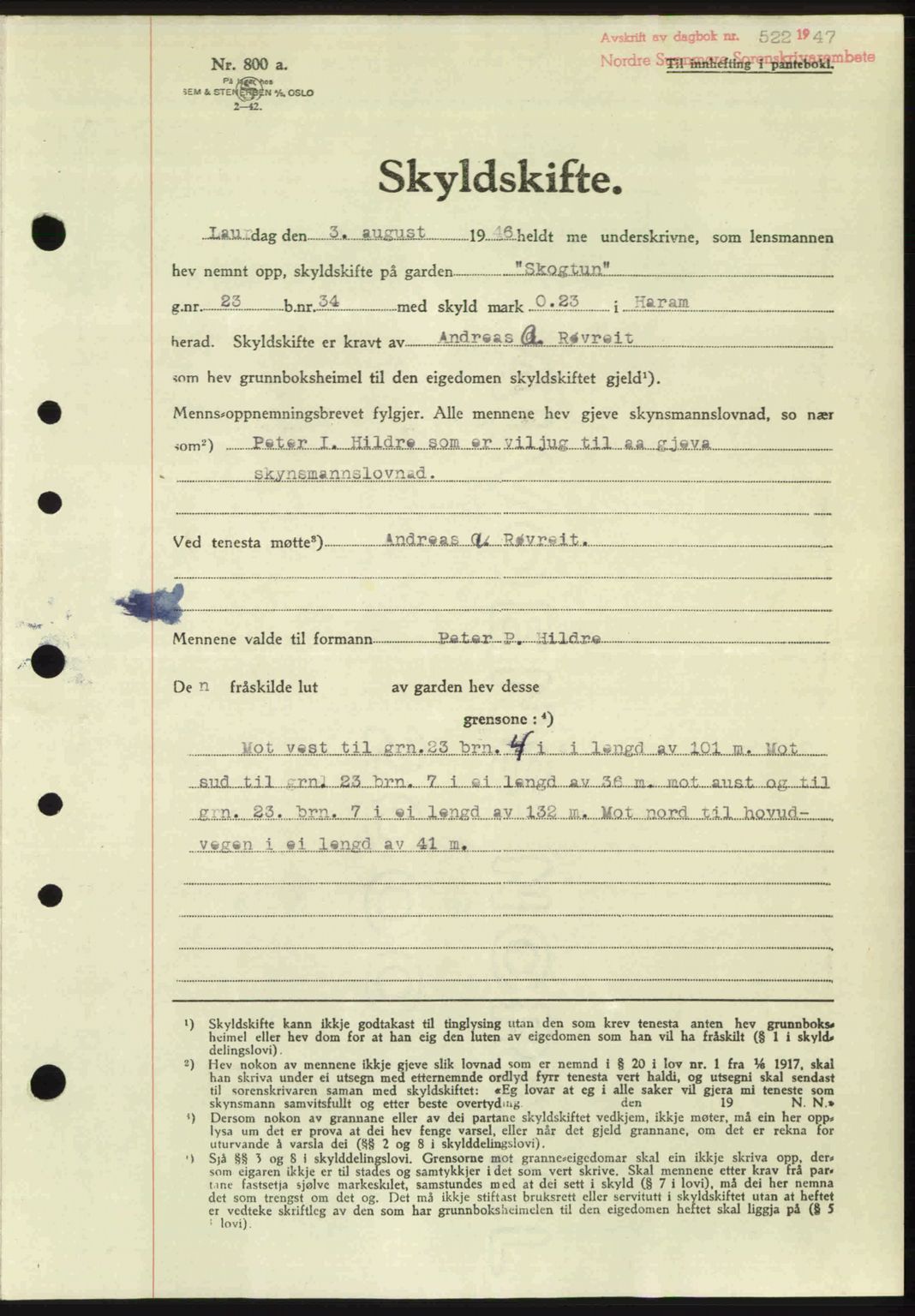 Nordre Sunnmøre sorenskriveri, AV/SAT-A-0006/1/2/2C/2Ca: Pantebok nr. A24, 1947-1947, Dagboknr: 522/1947
