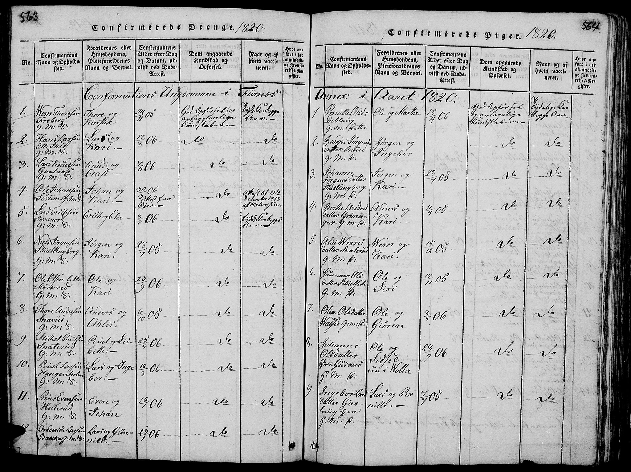 Vang prestekontor, Hedmark, SAH/PREST-008/H/Ha/Hab/L0005: Klokkerbok nr. 5, 1815-1836, s. 563-564