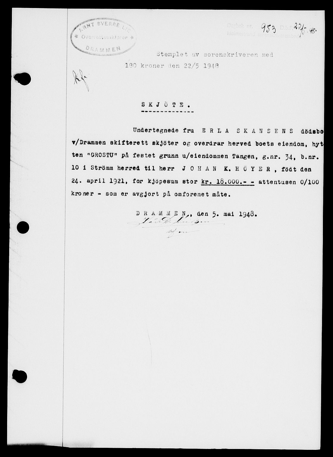 Holmestrand sorenskriveri, SAKO/A-67/G/Ga/Gaa/L0064: Pantebok nr. A-64, 1948-1948, Dagboknr: 953/1948