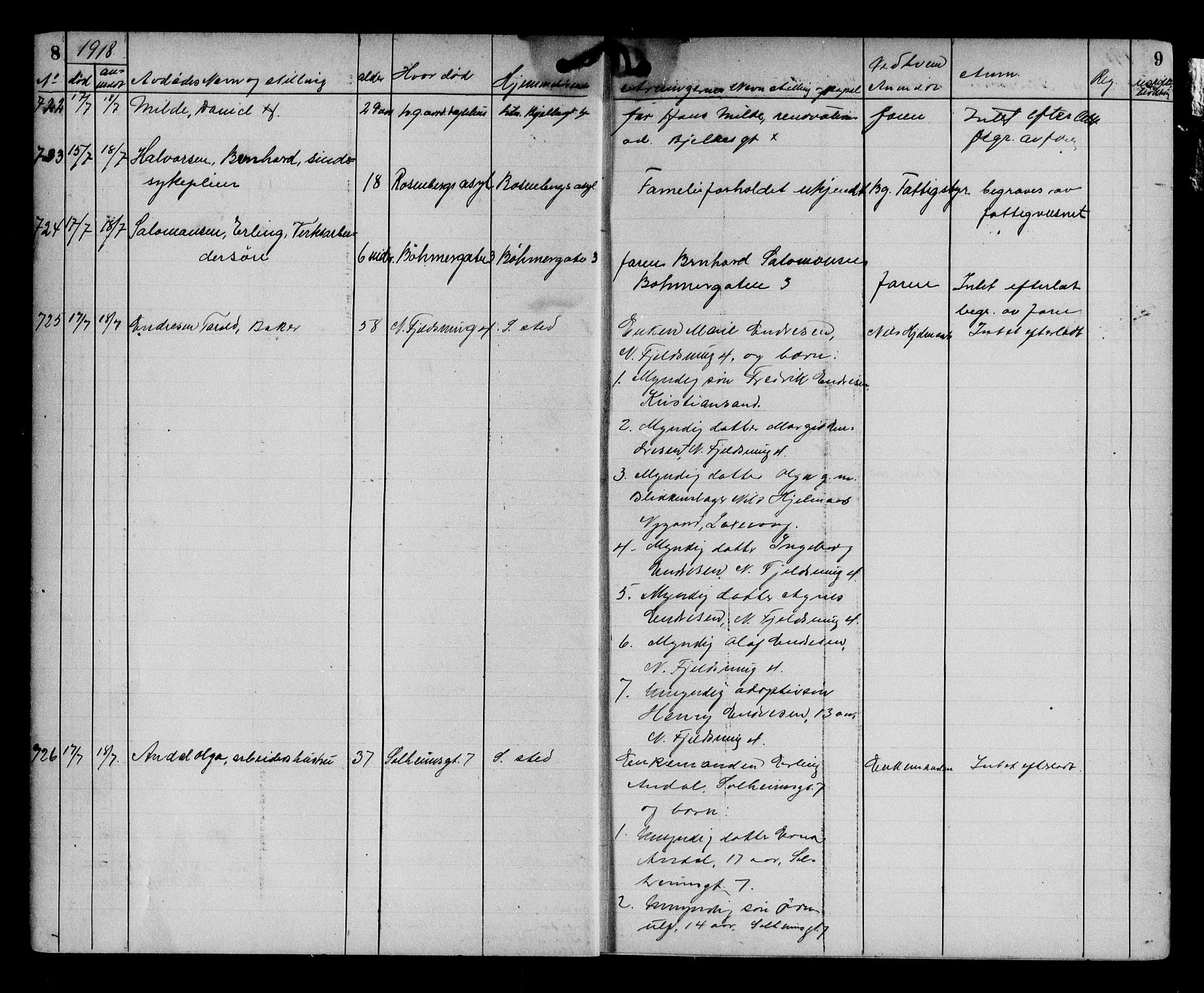 Byfogd og Byskriver i Bergen, AV/SAB-A-3401/06/06Na/L0012: Dødsfallsjournaler, 1918-1919, s. 8-9