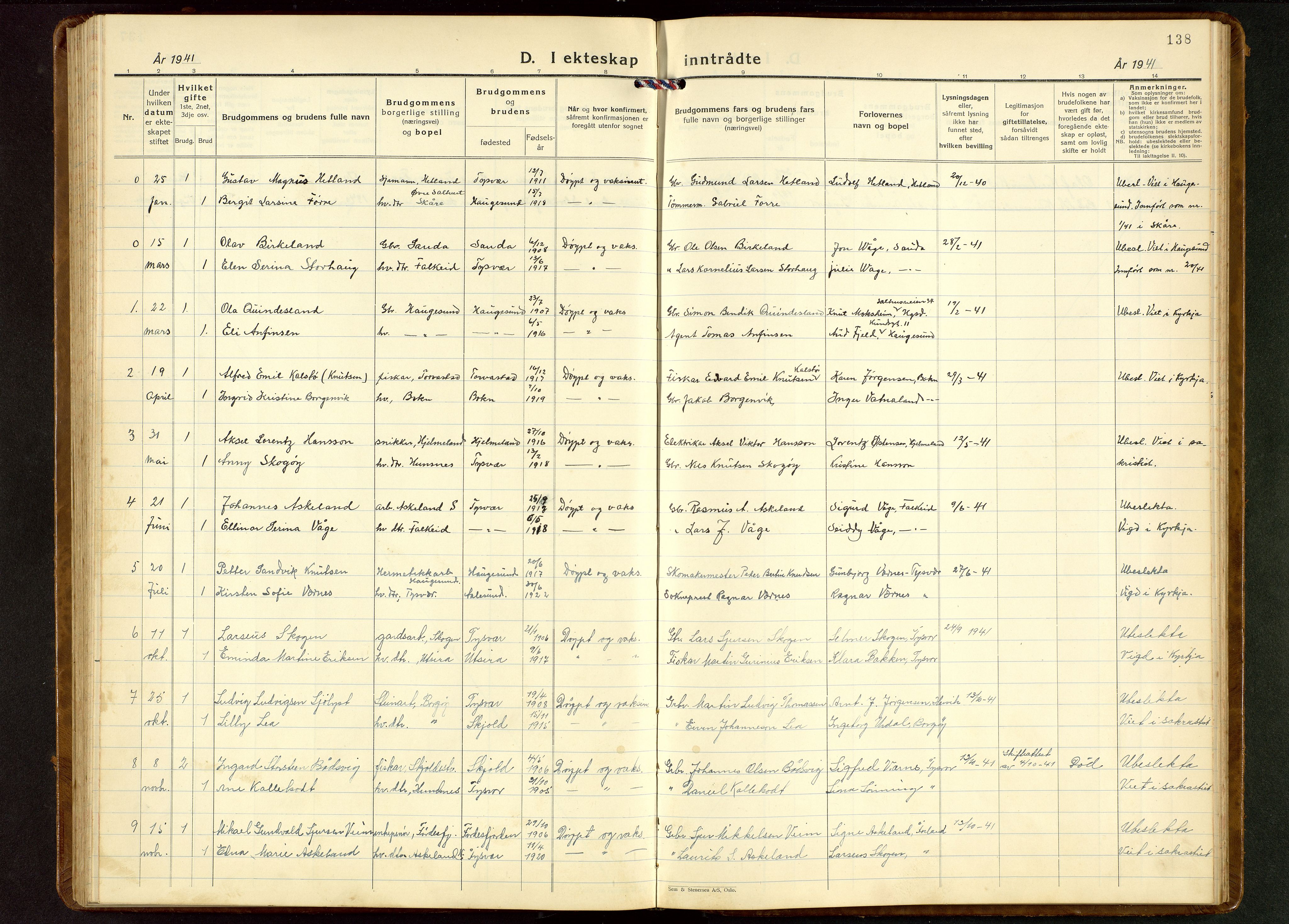 Tysvær sokneprestkontor, AV/SAST-A -101864/H/Ha/Hab/L0006: Klokkerbok nr. B 6, 1932-1946, s. 138