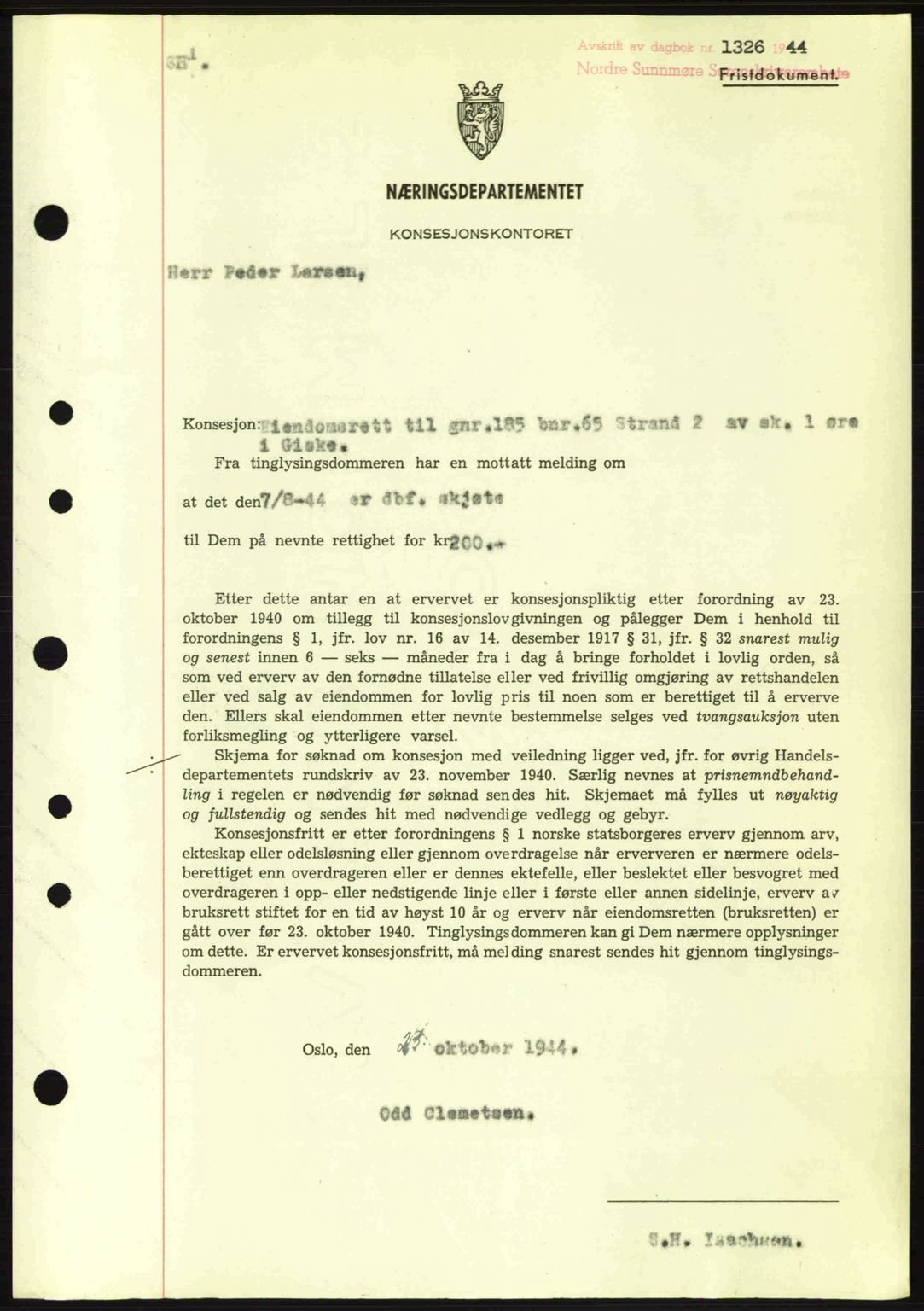 Nordre Sunnmøre sorenskriveri, AV/SAT-A-0006/1/2/2C/2Ca: Pantebok nr. B6-14 a, 1942-1945, Dagboknr: 1326/1944