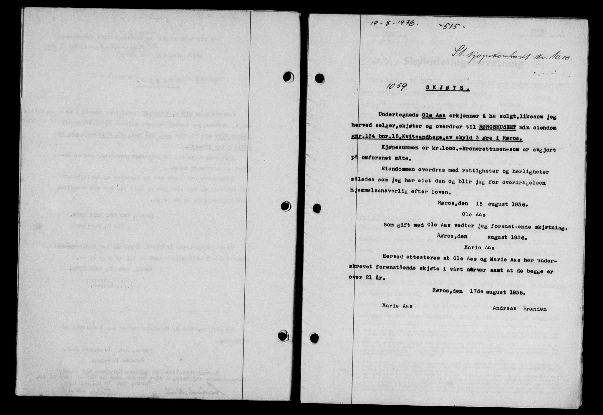 Gauldal sorenskriveri, SAT/A-0014/1/2/2C/L0046: Pantebok nr. 49-50, 1936-1937, Dagboknr: 1059/1936