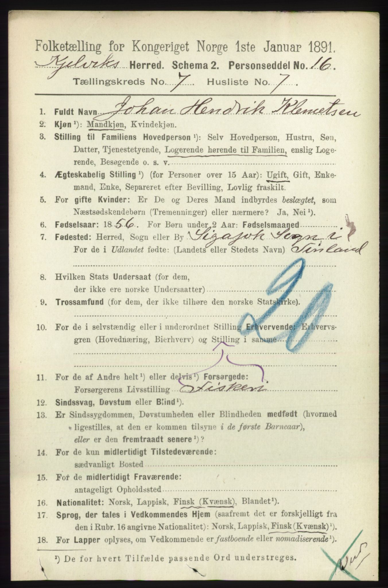 RA, Folketelling 1891 for 2019 Kjelvik herred, 1891, s. 940