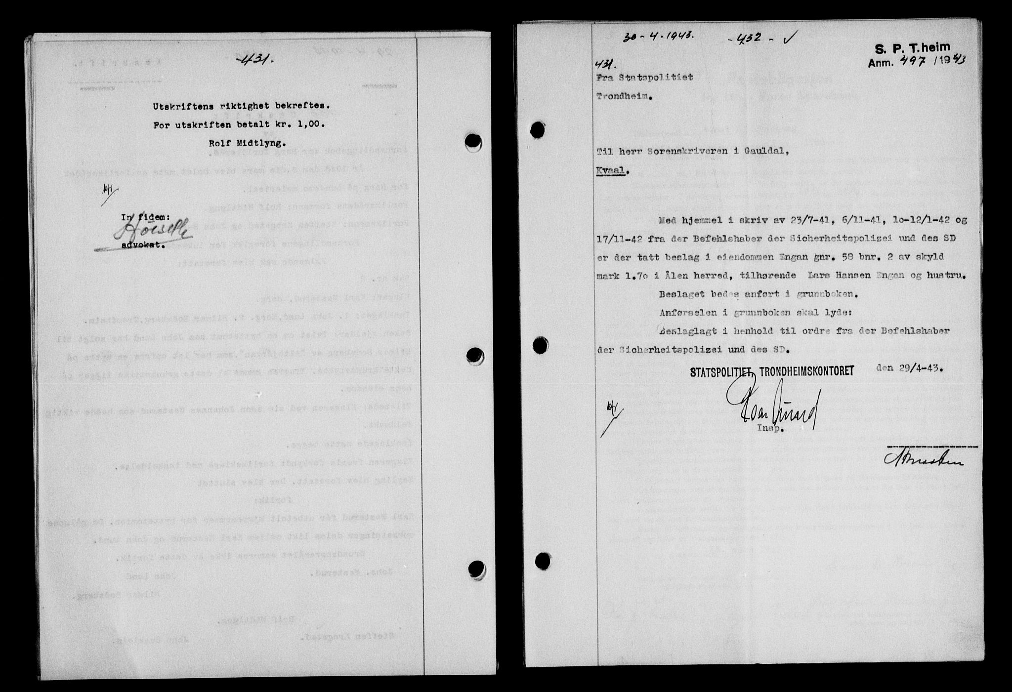 Gauldal sorenskriveri, SAT/A-0014/1/2/2C/L0056: Pantebok nr. 61, 1942-1943, Dagboknr: 431/1943