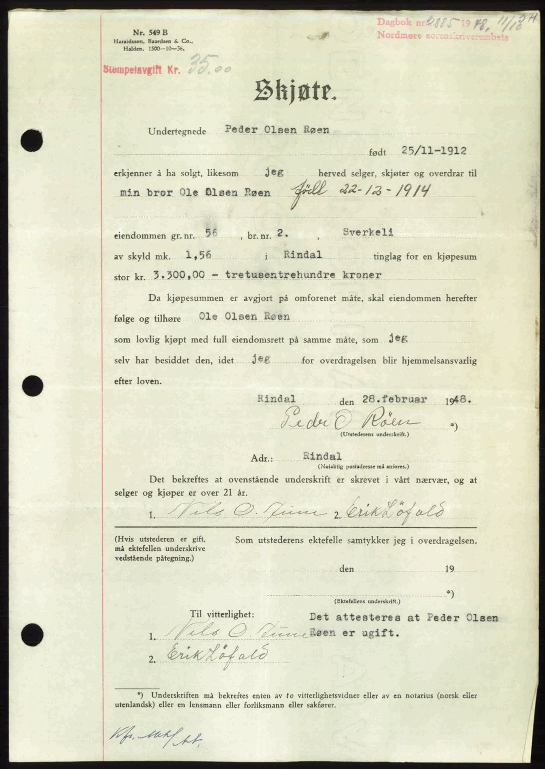 Nordmøre sorenskriveri, AV/SAT-A-4132/1/2/2Ca: Pantebok nr. A109, 1948-1948, Dagboknr: 2885/1948