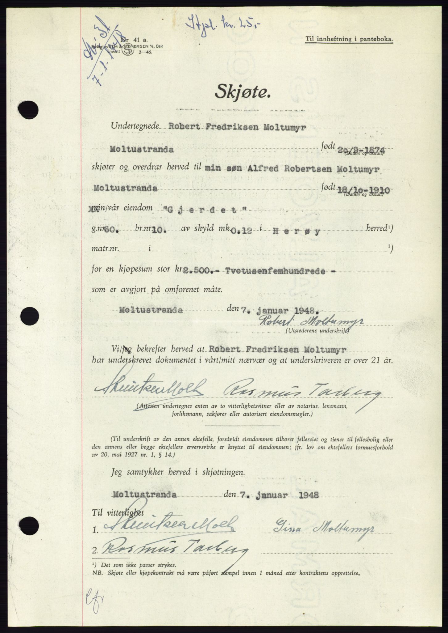 Søre Sunnmøre sorenskriveri, SAT/A-4122/1/2/2C/L0081: Pantebok nr. 7A, 1947-1948, Dagboknr: 31/1948