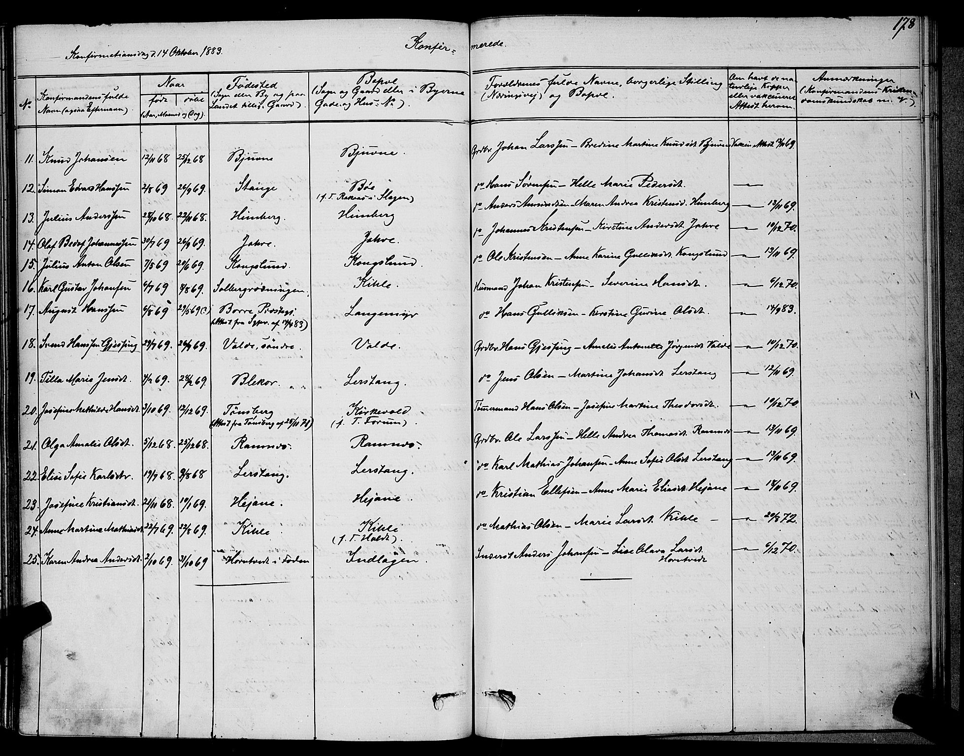 Ramnes kirkebøker, AV/SAKO-A-314/G/Ga/L0003: Klokkerbok nr. I 3, 1870-1896, s. 178