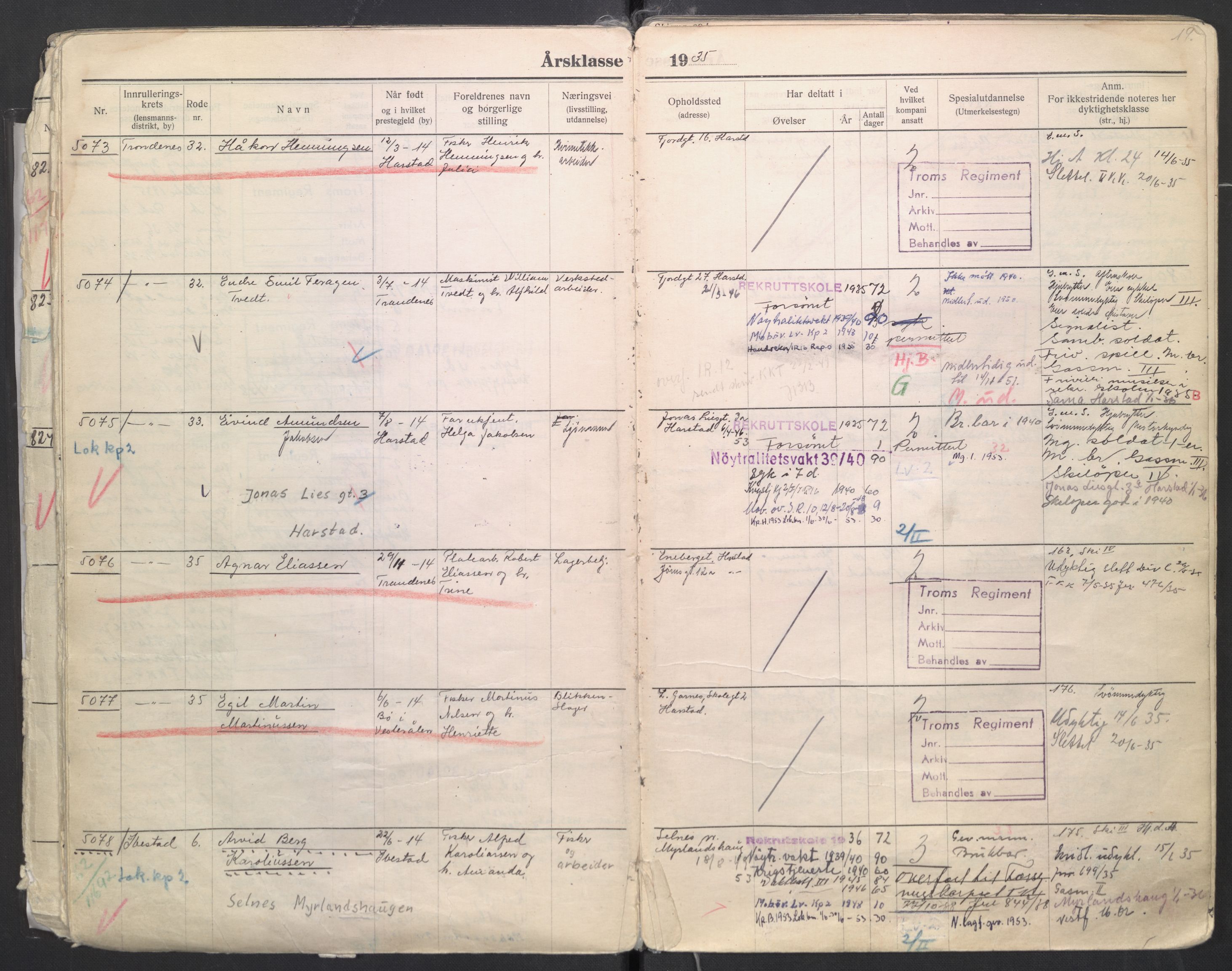 Forsvaret, Troms infanteriregiment nr. 16, AV/RA-RAFA-3146/P/Pa/L0006/0008: Ruller / Rulle for regimentets menige mannskaper, årsklasse 1935, 1935, s. 19