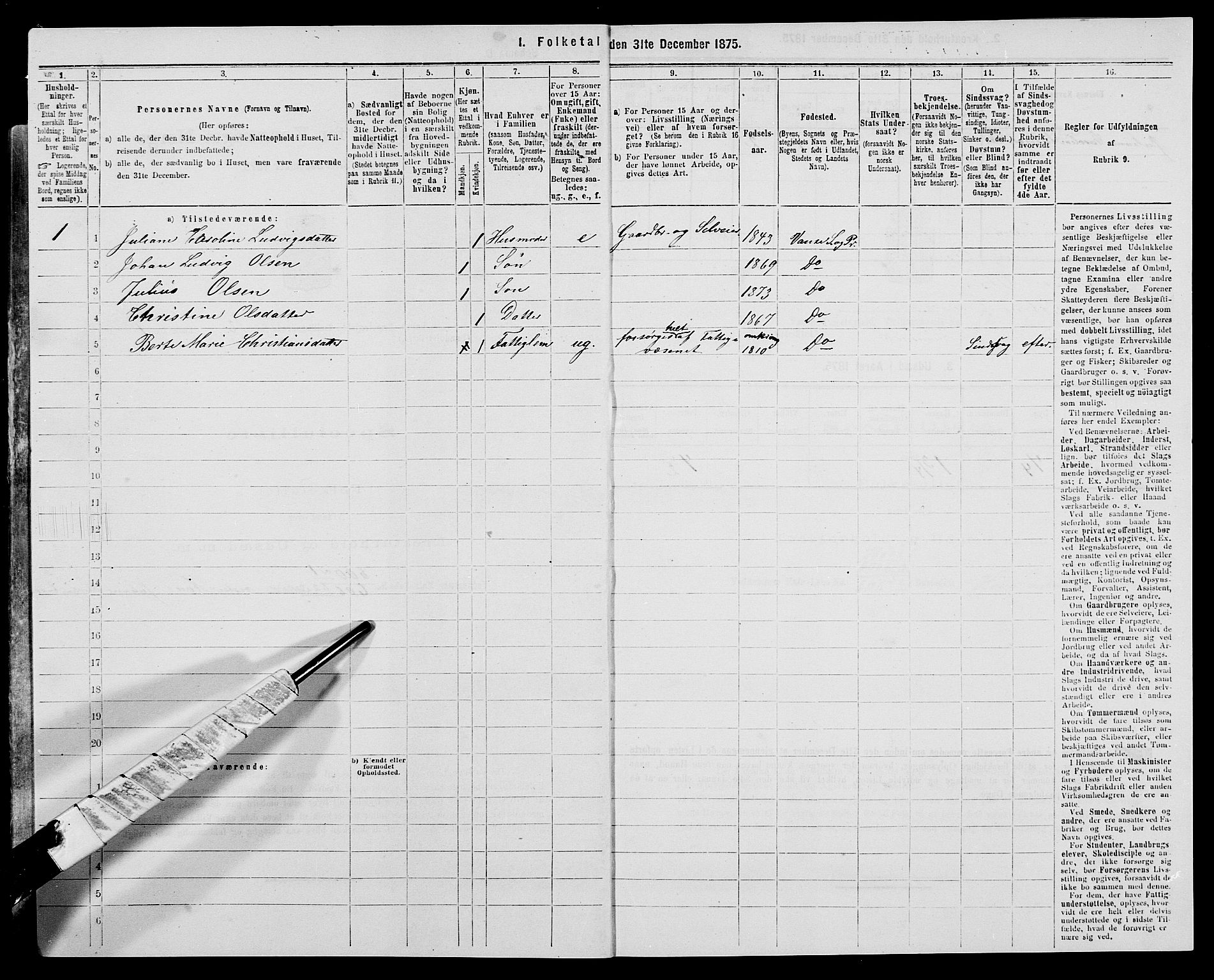 SAK, Folketelling 1875 for 1041L Vanse prestegjeld, Vanse sokn og Farsund landsokn, 1875, s. 2151