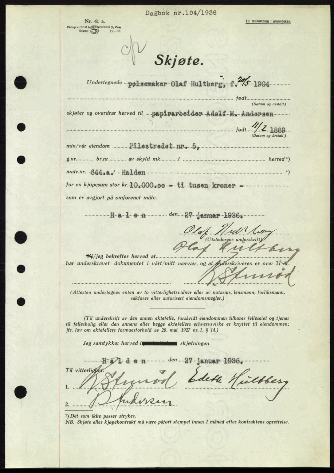 Idd og Marker sorenskriveri, AV/SAO-A-10283/G/Gb/Gbb/L0001: Pantebok nr. A1, 1936-1937, Dagboknr: 104/1936