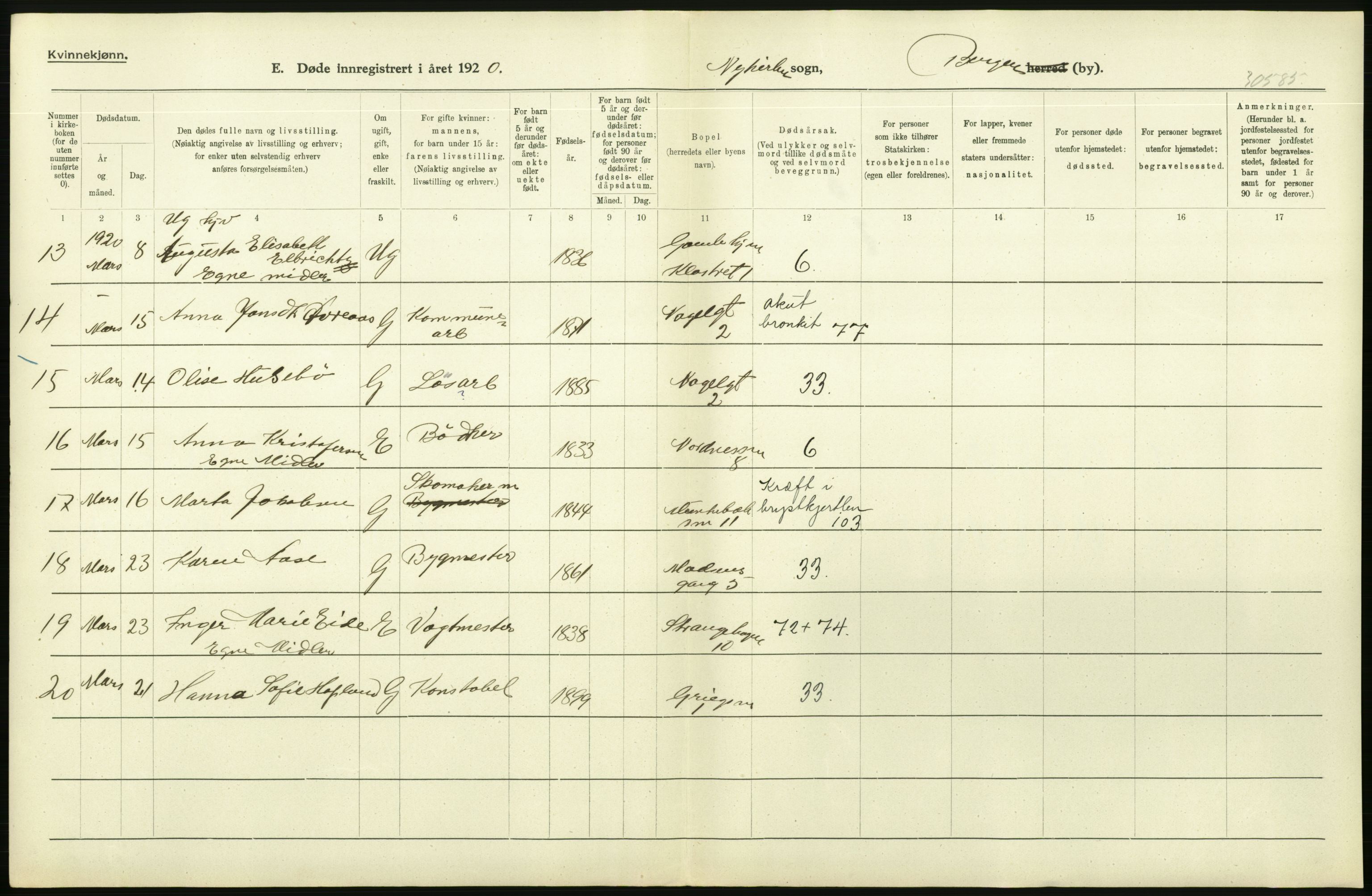 Statistisk sentralbyrå, Sosiodemografiske emner, Befolkning, AV/RA-S-2228/D/Df/Dfb/Dfbj/L0042: Bergen: Gifte, døde, dødfødte., 1920, s. 562