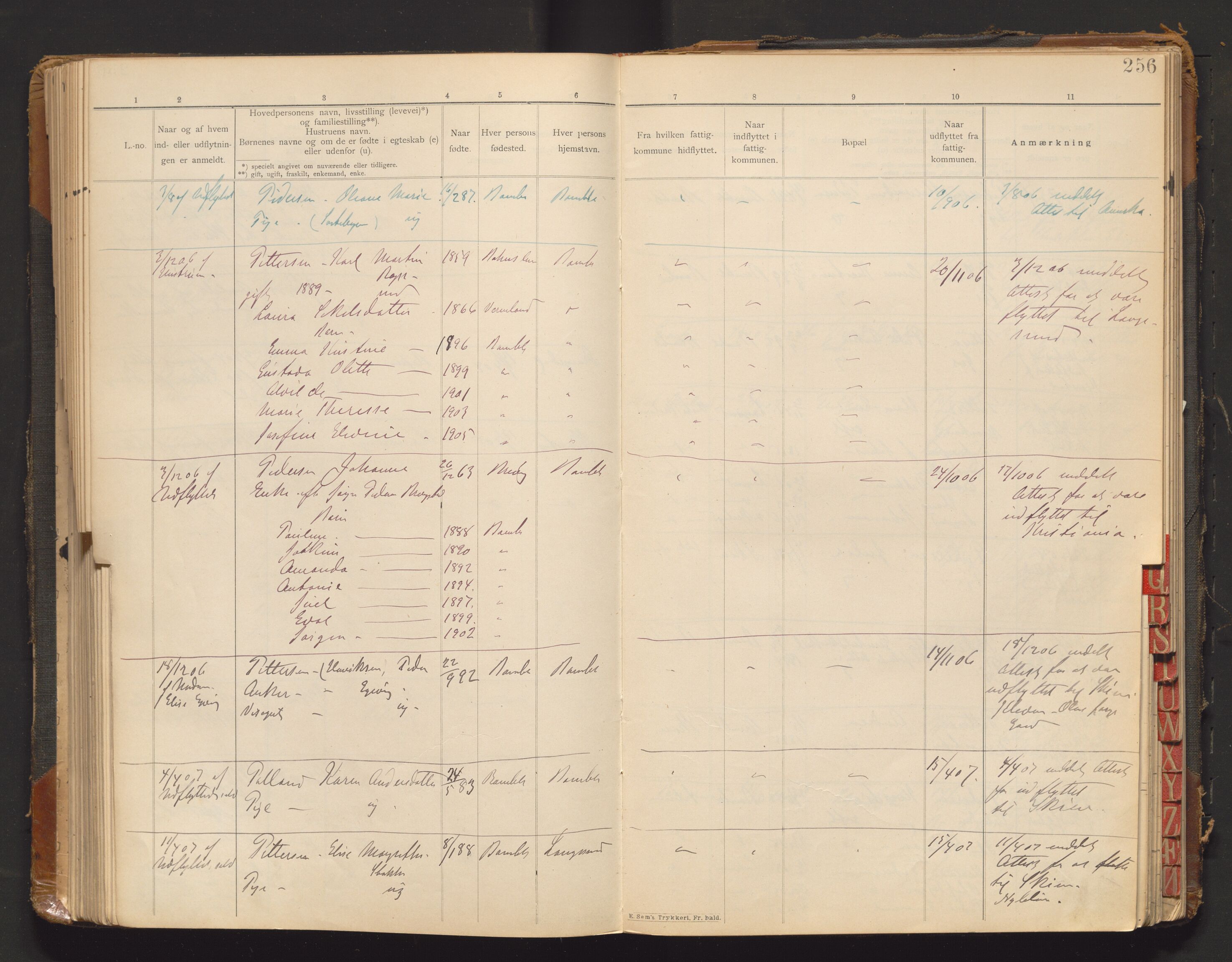 Bamble lensmannskontor, AV/SAKO-A-552/O/Oa/L0001: Protokoll over inn- og utflyttede - Bamble, 1901-1933, s. 256