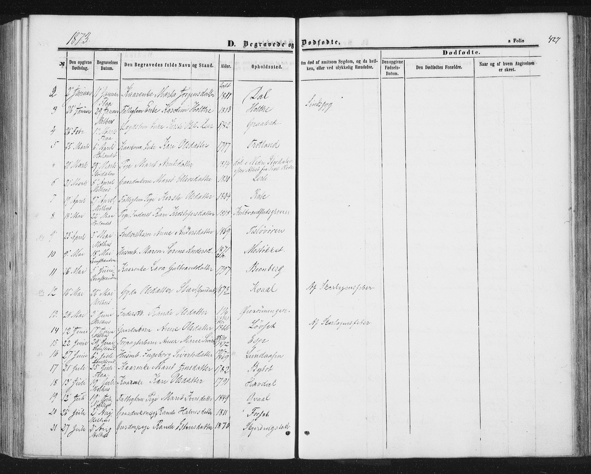 Ministerialprotokoller, klokkerbøker og fødselsregistre - Sør-Trøndelag, SAT/A-1456/691/L1077: Ministerialbok nr. 691A09, 1862-1873, s. 427
