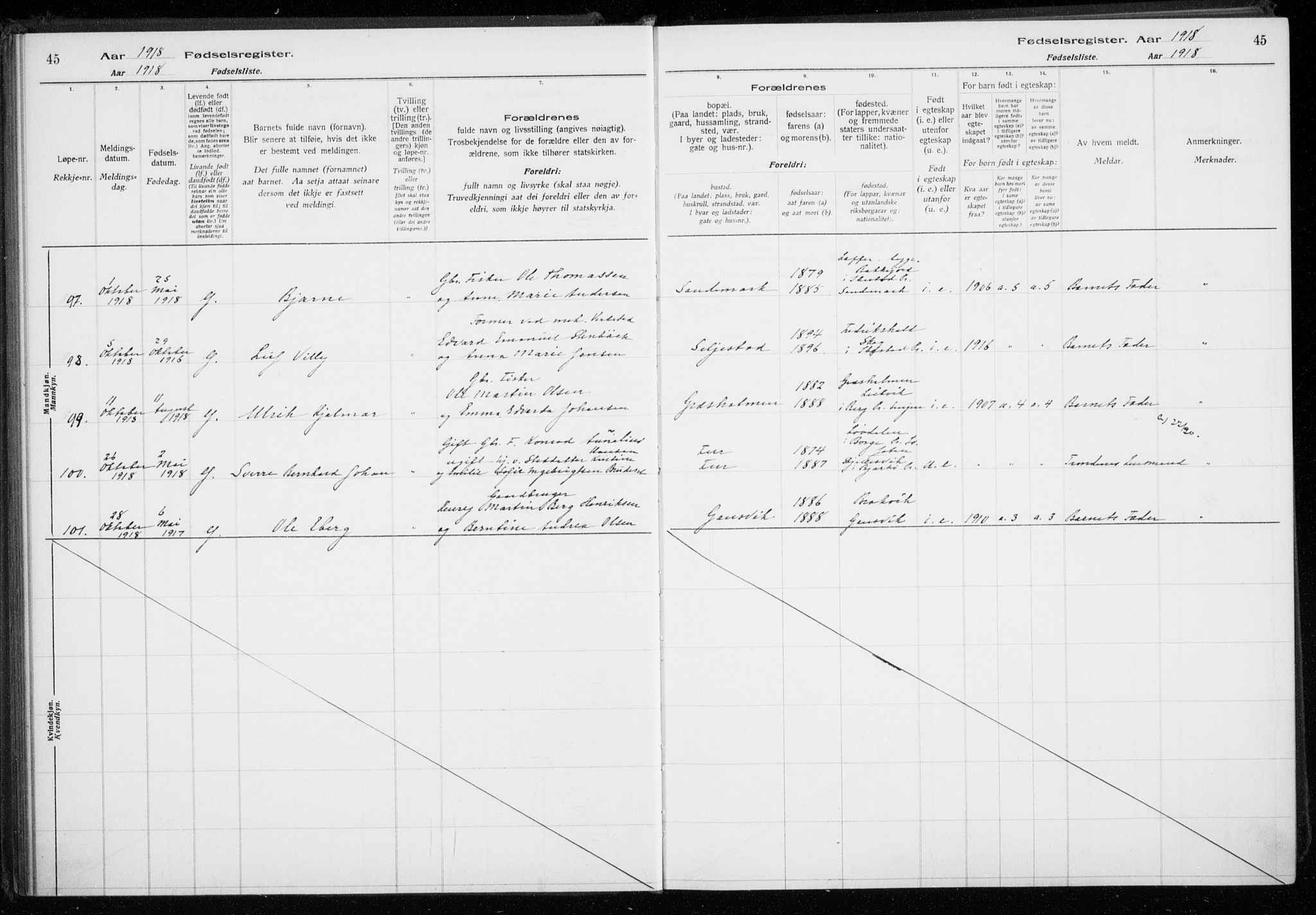 Trondenes sokneprestkontor, AV/SATØ-S-1319/I/Ia/L0089: Fødselsregister nr. 89, 1916-1925, s. 45