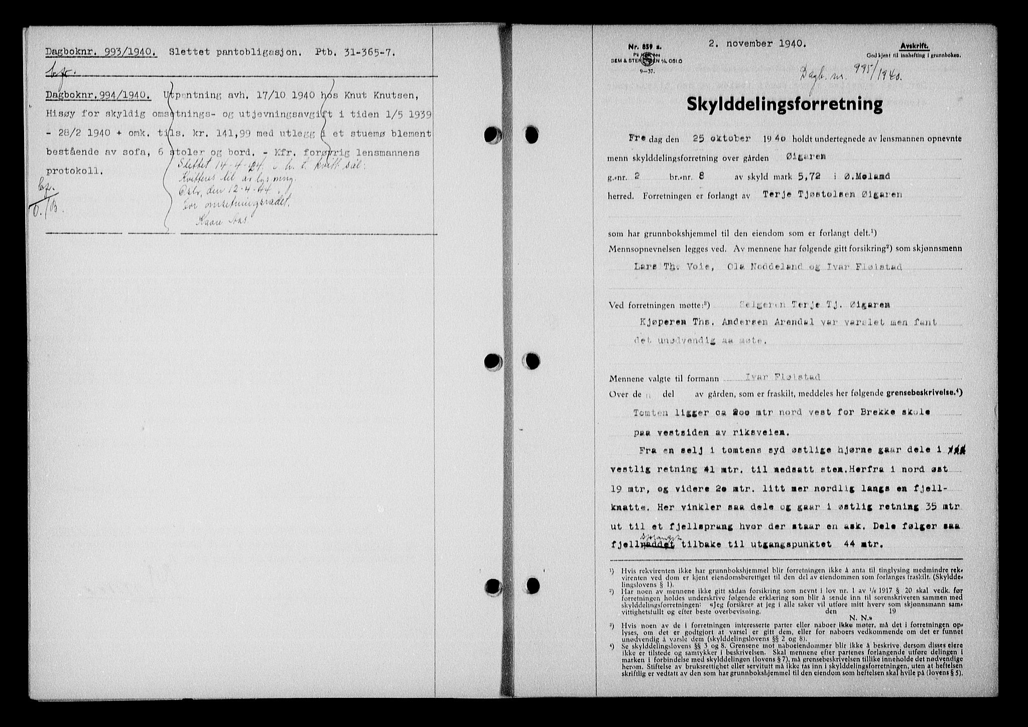 Nedenes sorenskriveri, AV/SAK-1221-0006/G/Gb/Gba/L0048: Pantebok nr. A-II, 1940-1941, Dagboknr: 995/1940