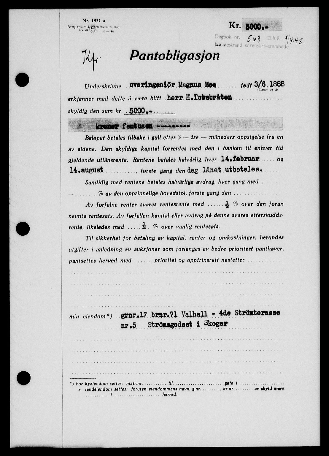 Holmestrand sorenskriveri, SAKO/A-67/G/Ga/Gab/L0058: Pantebok nr. B-58, 1947-1948, Dagboknr: 563/1948