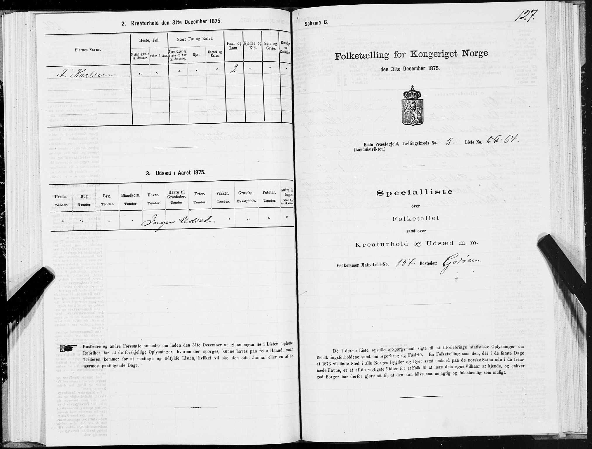 SAT, Folketelling 1875 for 1843L Bodø prestegjeld, Bodø landsokn, 1875, s. 3127