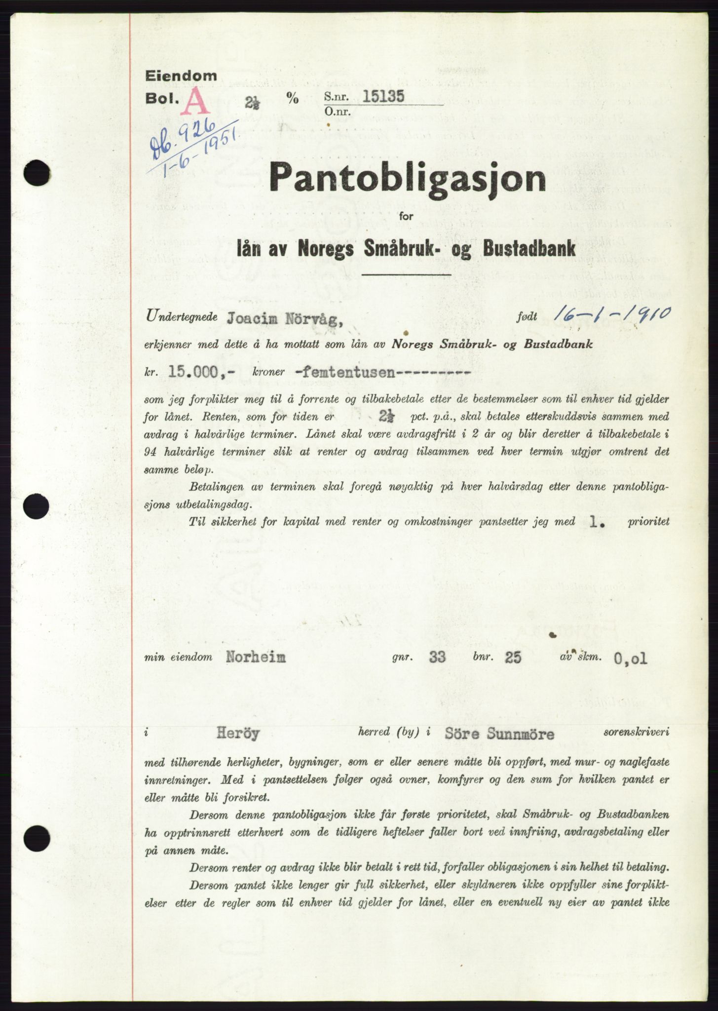 Søre Sunnmøre sorenskriveri, SAT/A-4122/1/2/2C/L0120: Pantebok nr. 8B, 1951-1951, Dagboknr: 926/1951