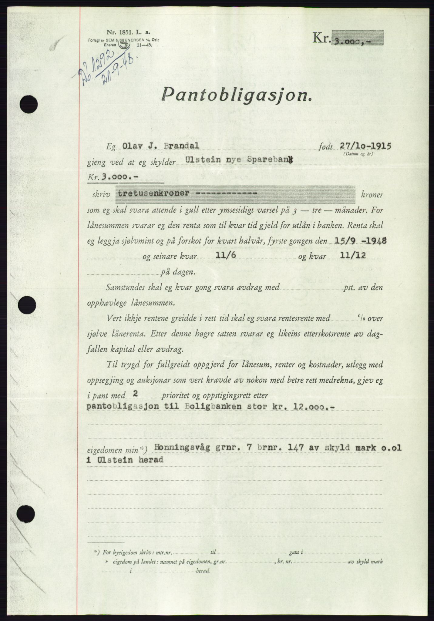 Søre Sunnmøre sorenskriveri, AV/SAT-A-4122/1/2/2C/L0116: Pantebok nr. 4B, 1948-1949, Dagboknr: 1292/1948