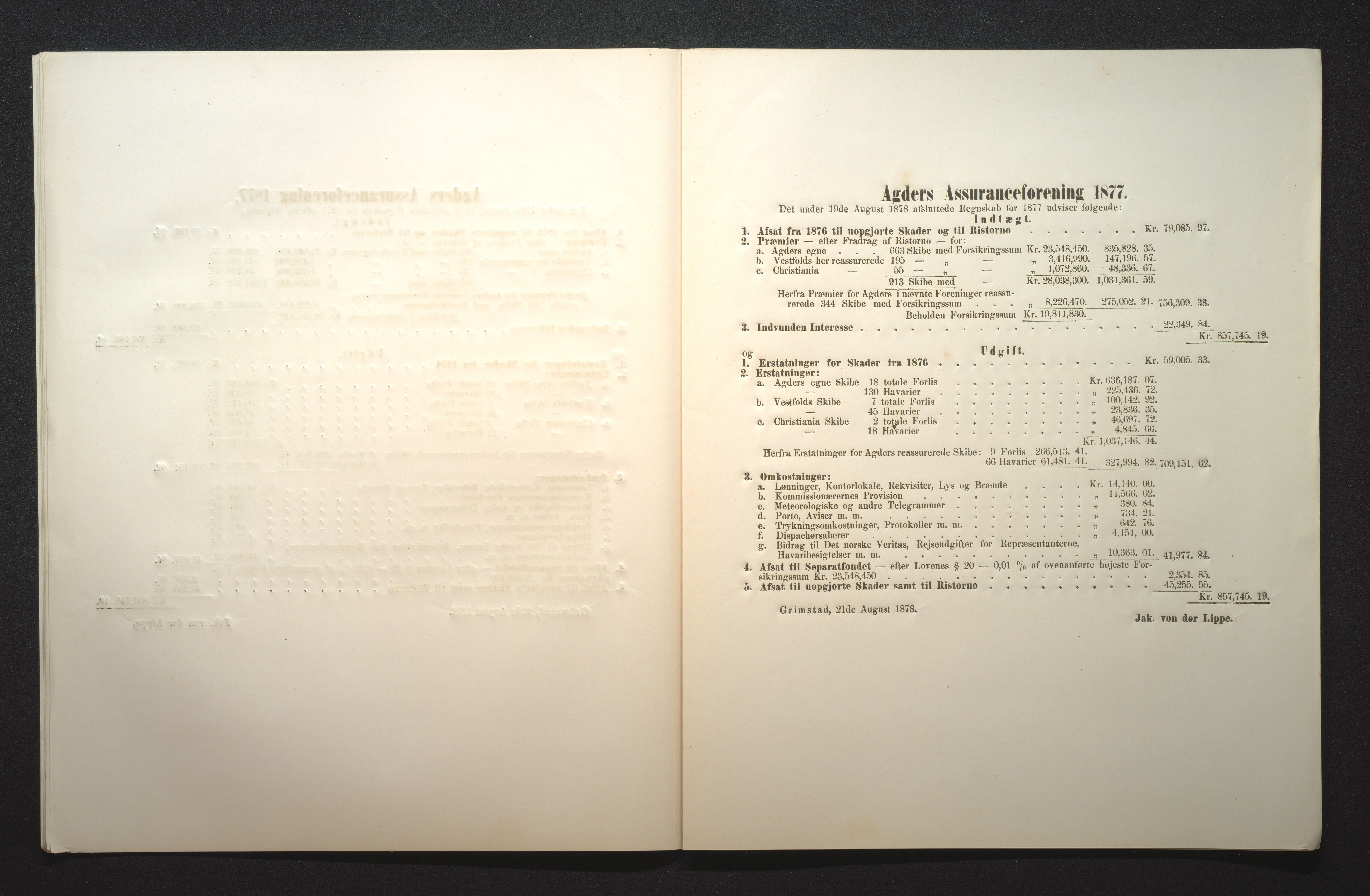 Agders Gjensidige Assuranceforening, AAKS/PA-1718/05/L0001: Regnskap, seilavdeling, pakkesak, 1855-1880