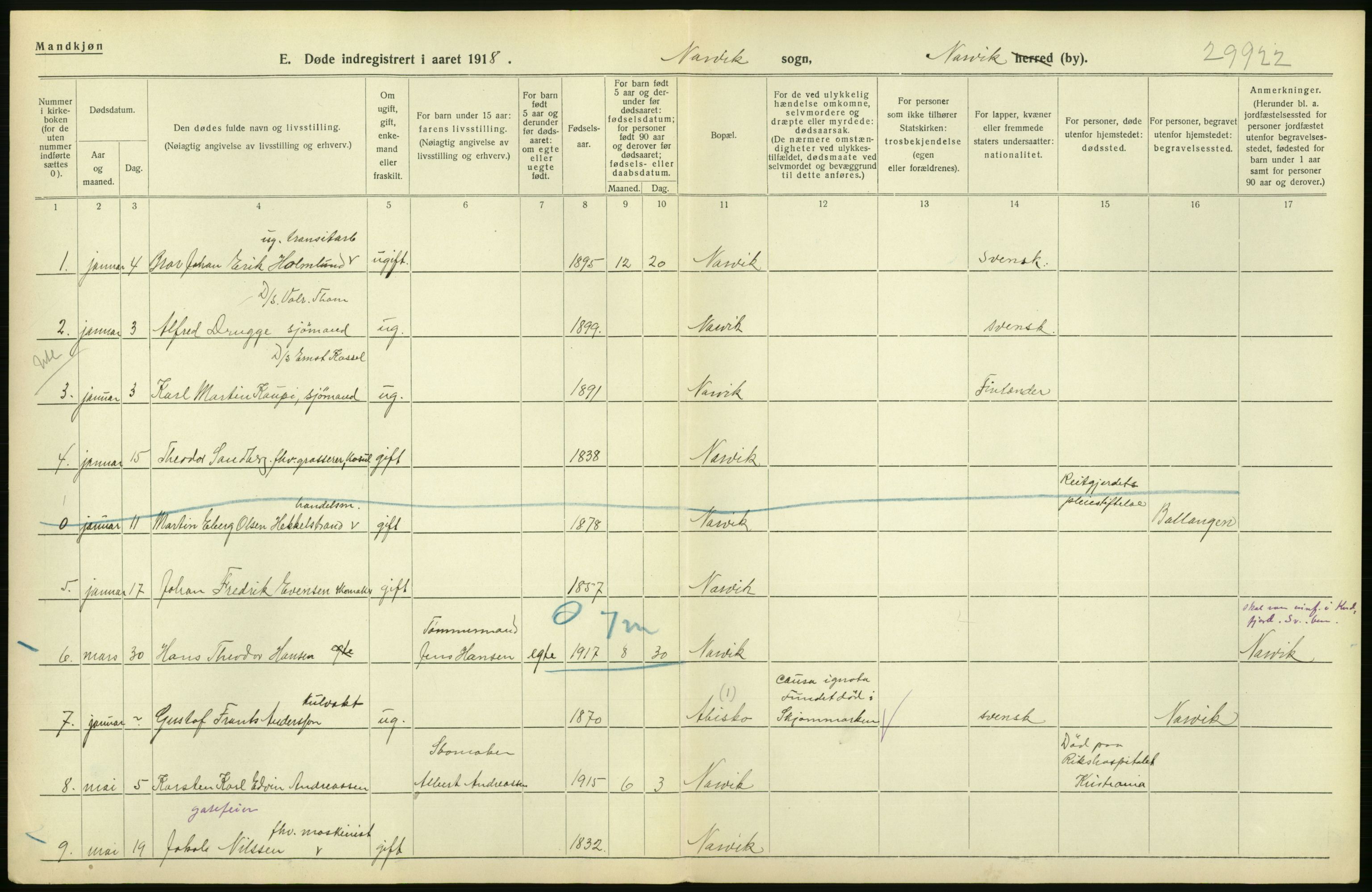 Statistisk sentralbyrå, Sosiodemografiske emner, Befolkning, AV/RA-S-2228/D/Df/Dfb/Dfbh/L0055: Nordland fylke: Døde. Bygder og byer., 1918, s. 24